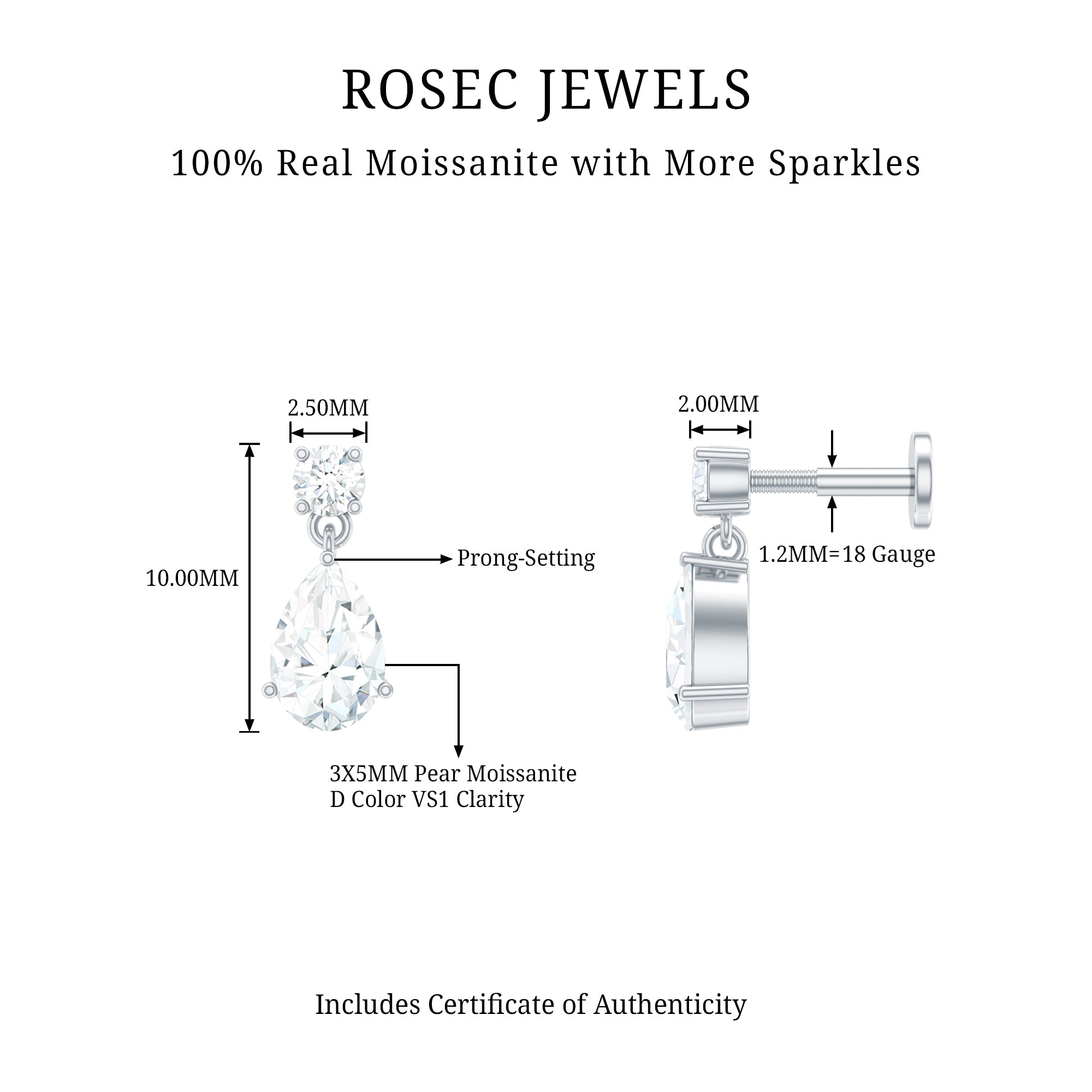 Moissanite Teardrop Earring for Helix Piercing