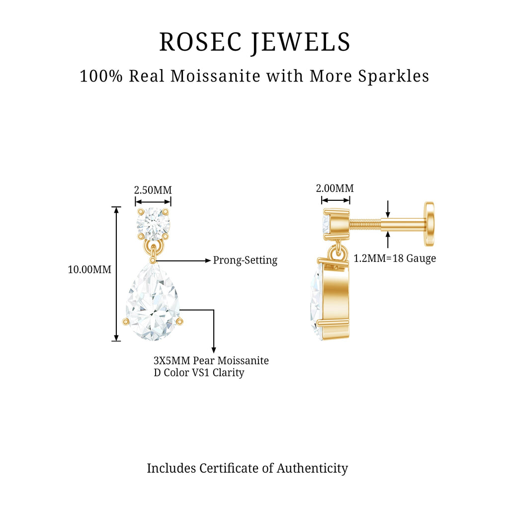 Moissanite Teardrop Earring for Helix Piercing