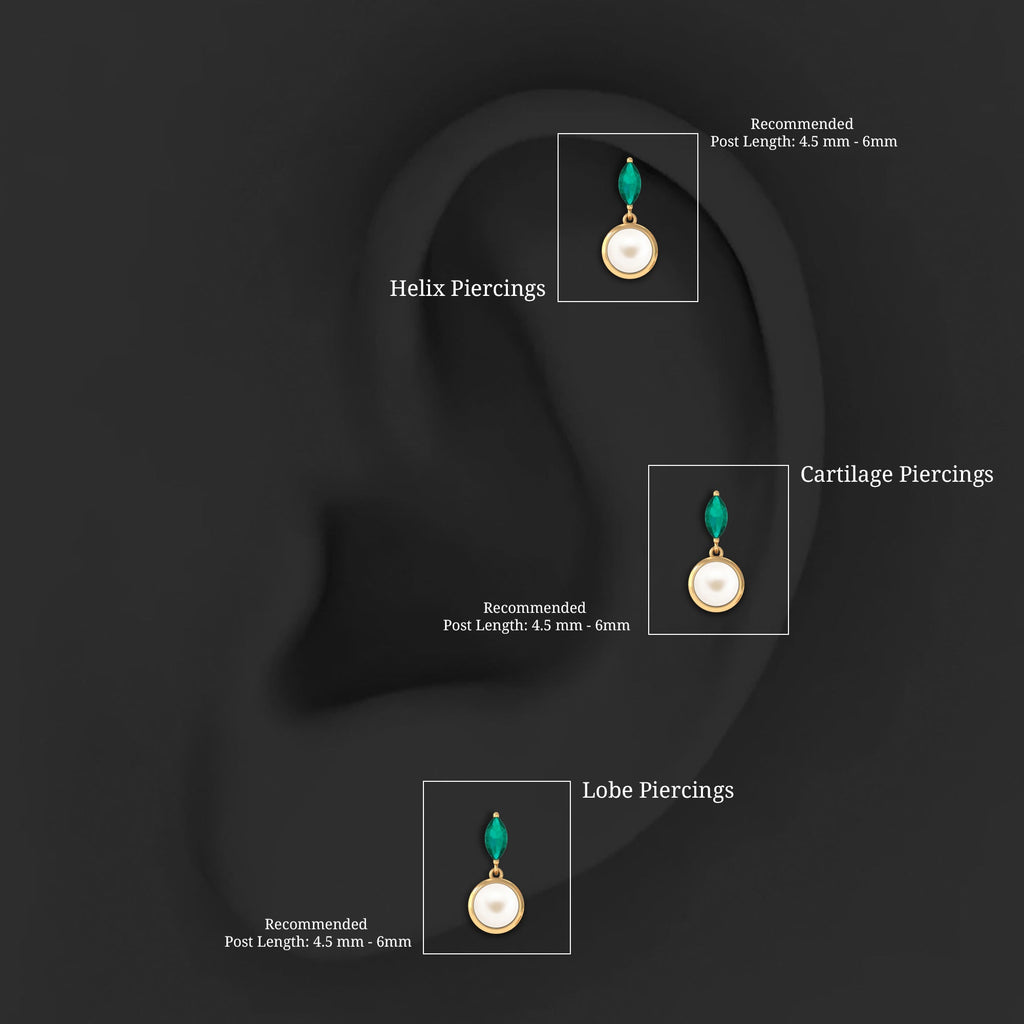 2 Carat Freshwater Pearl and Emerald Drop Earring for Helix Piercing