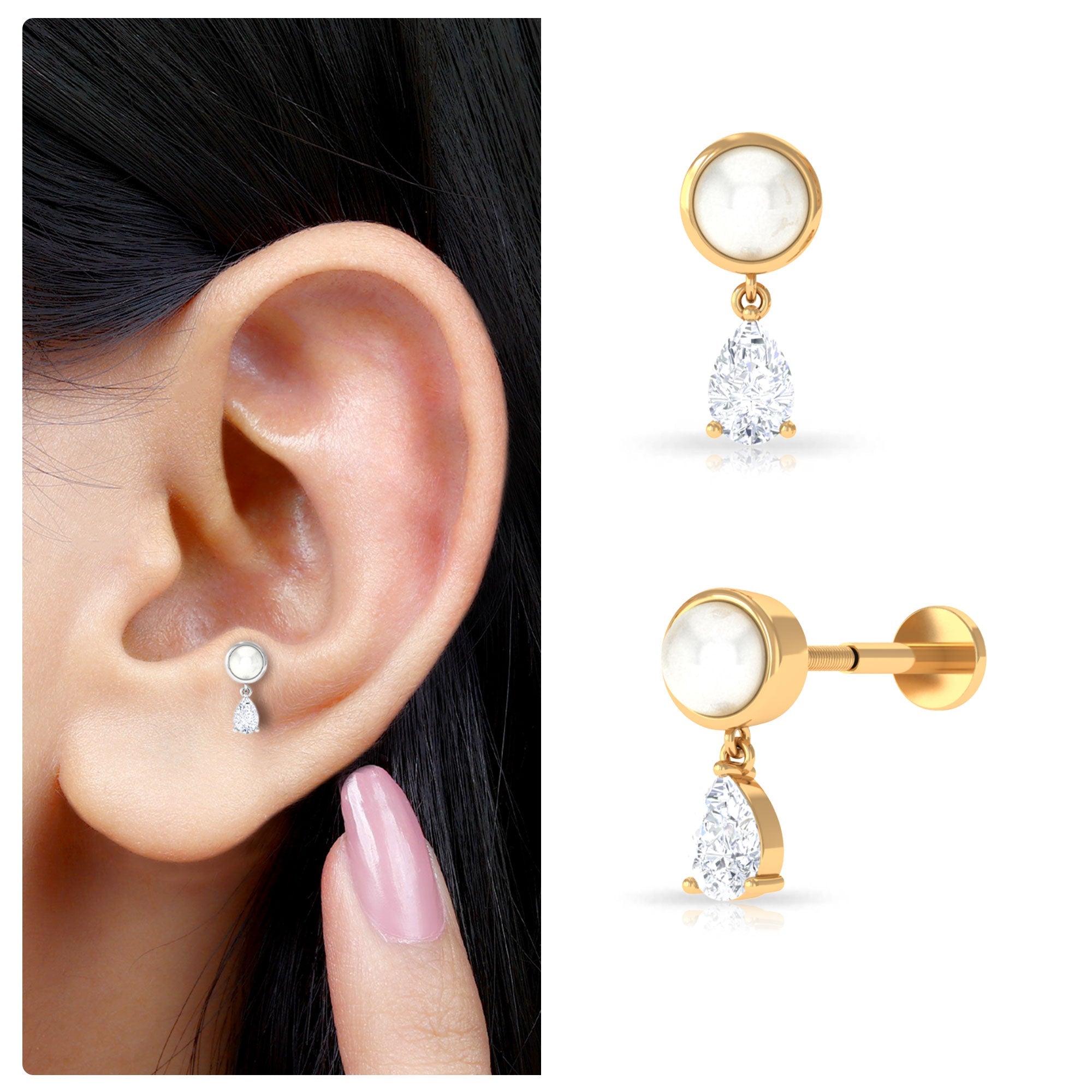 Certified Freshwater Pearl and Diamond Helix Drop Earring