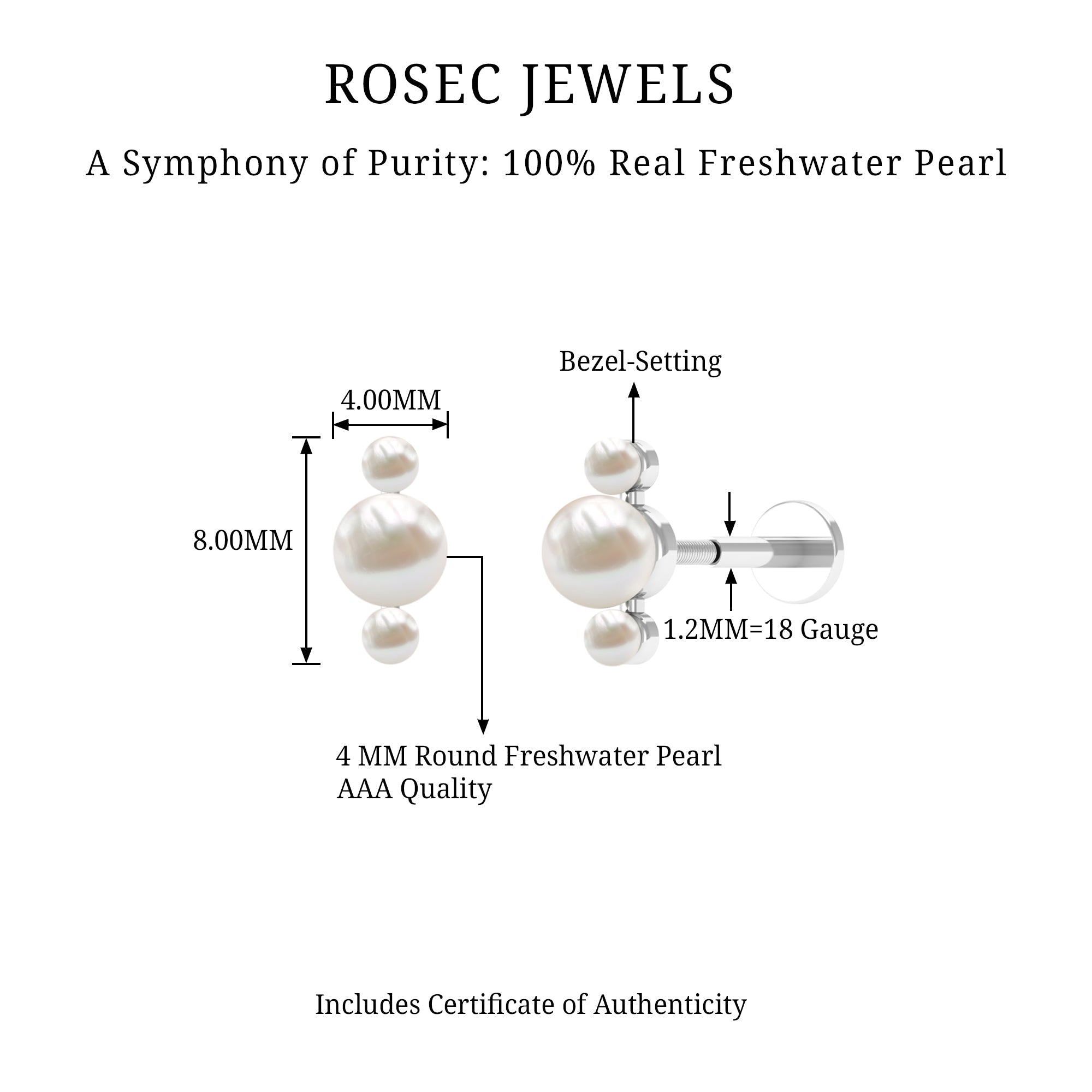 Round Freshwater Pearl Three Stone Cartilage Earring