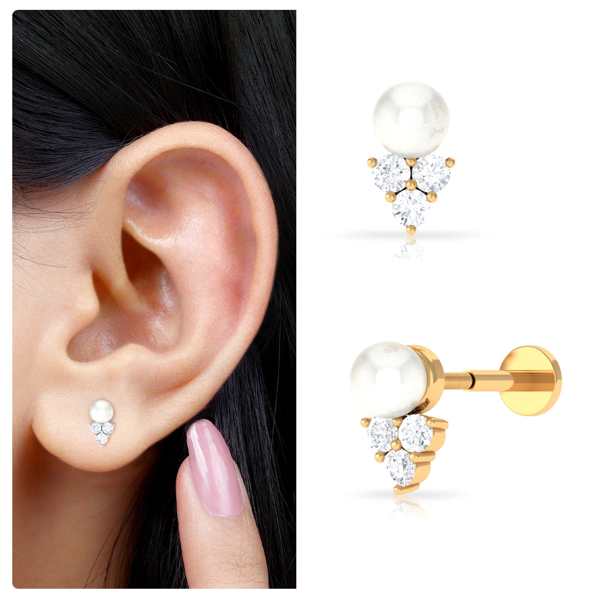 2 Carat Freshwater Pearl and Diamond Tragus Earring