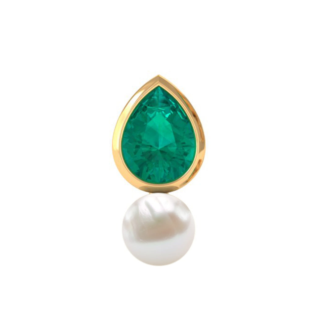 Pear Cut Green Emerald and Freshwater Pearl Tragus Earring