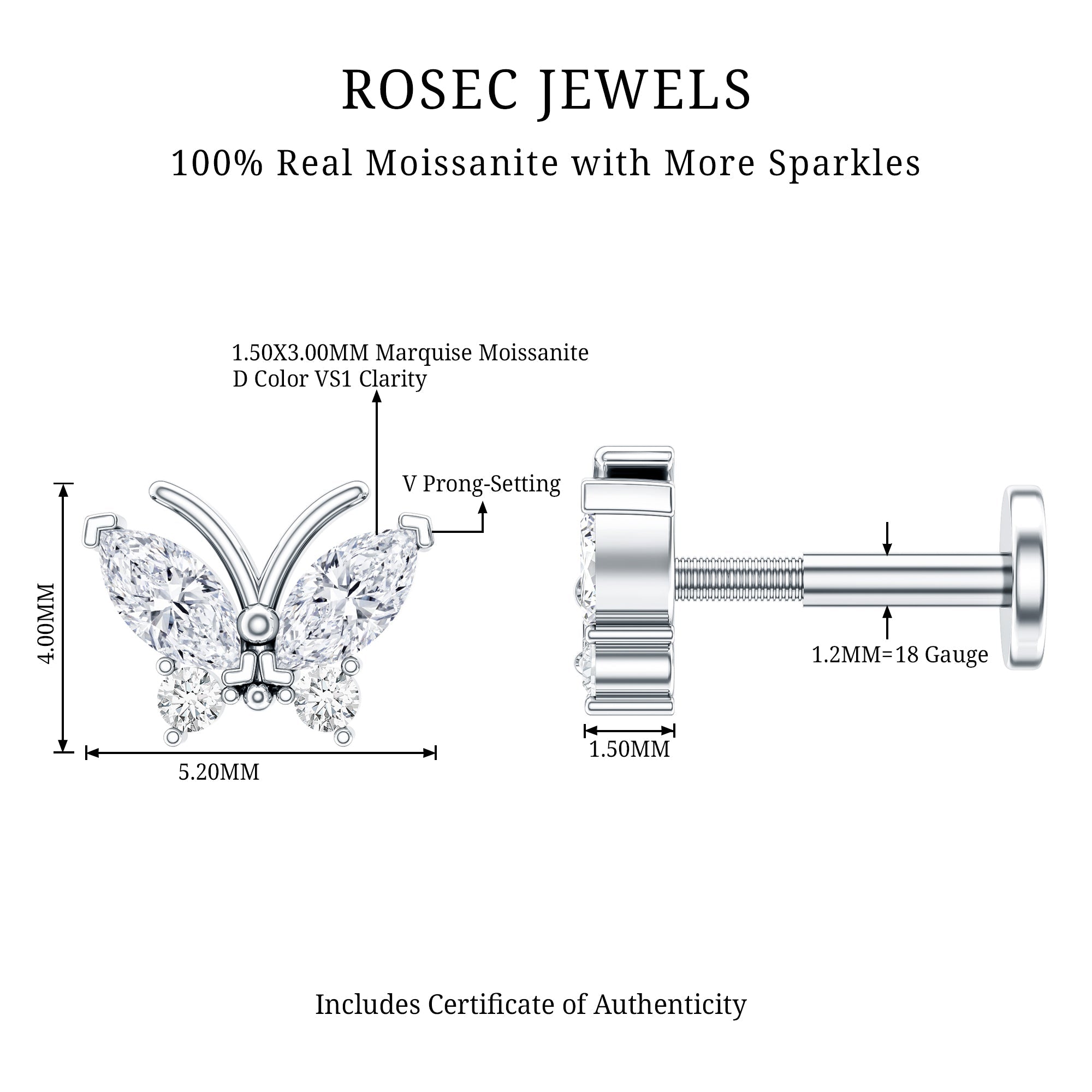 Marquise Moissanite Butterfly Cartilage Earring