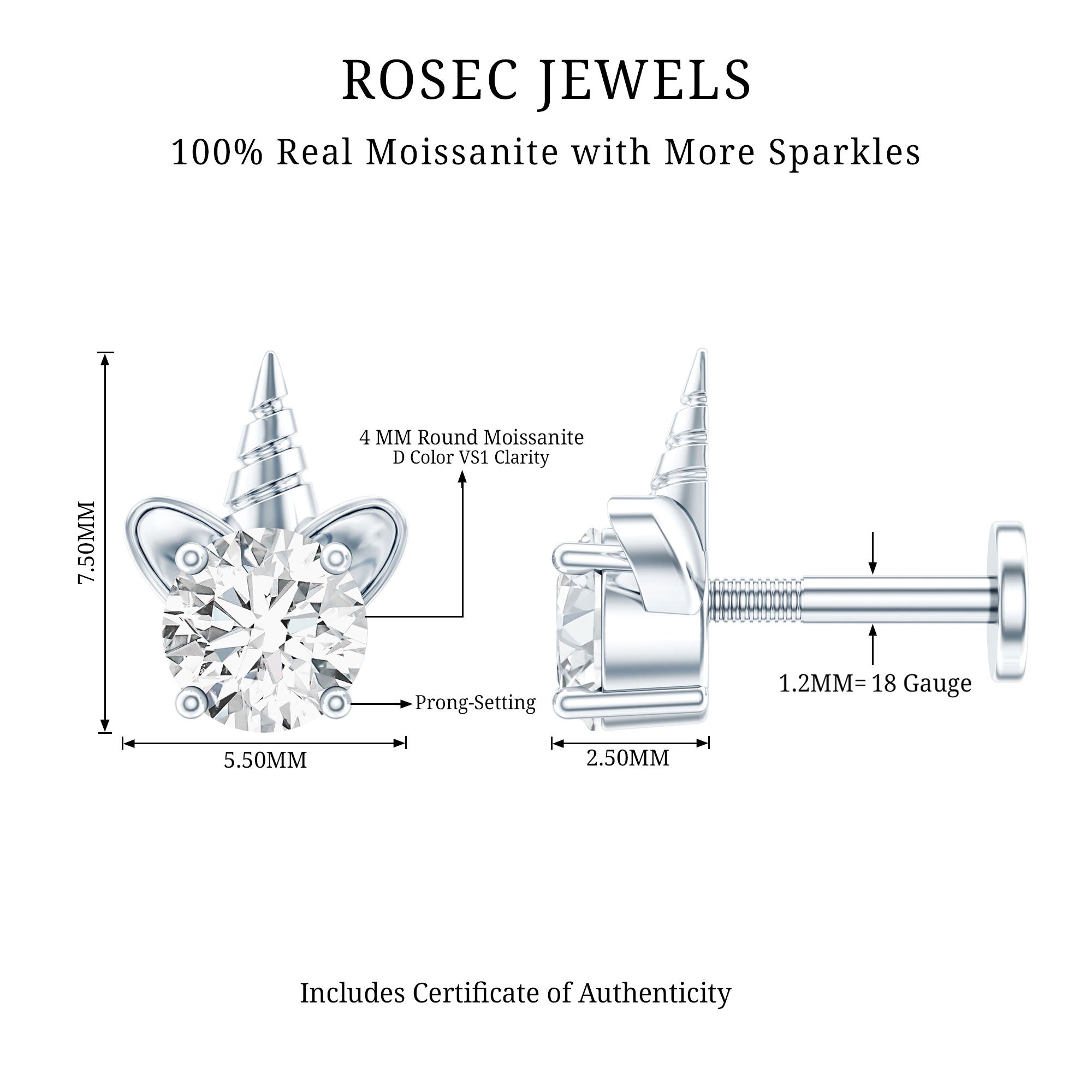 Cute Moissanite Unicorn Helix Earring for Women