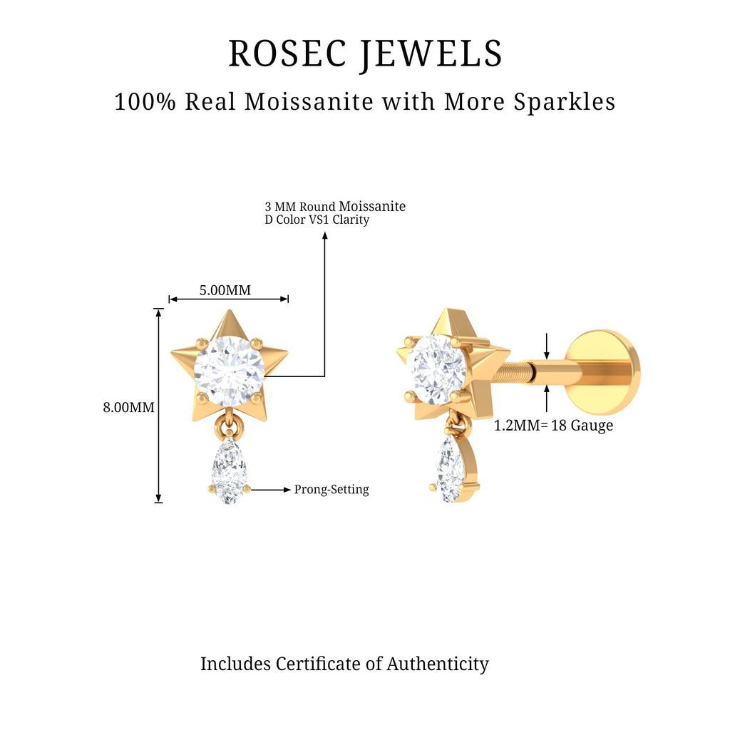 Unique Moissanite Star Drop Earring for Cartilage Piercing