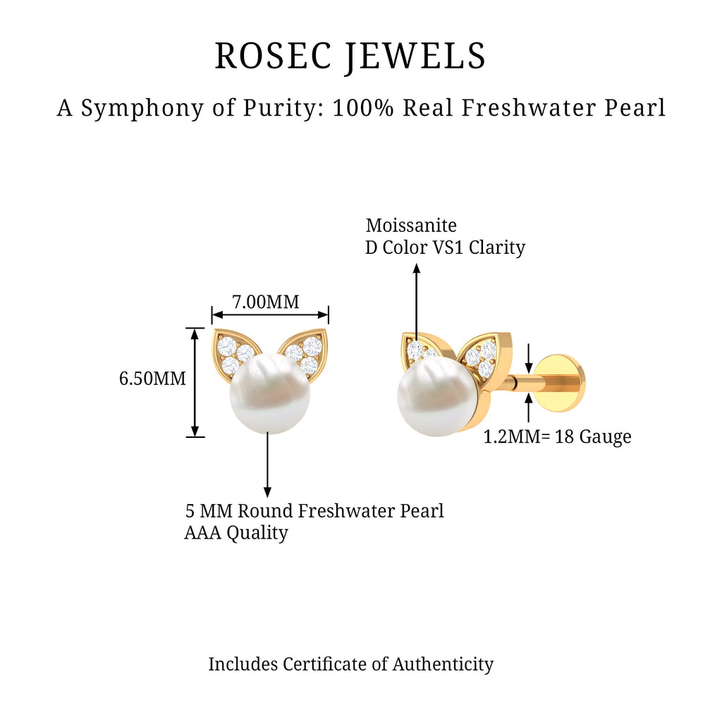 Cute Freshwater Pearl and Diamond Cat Cartilage Earring