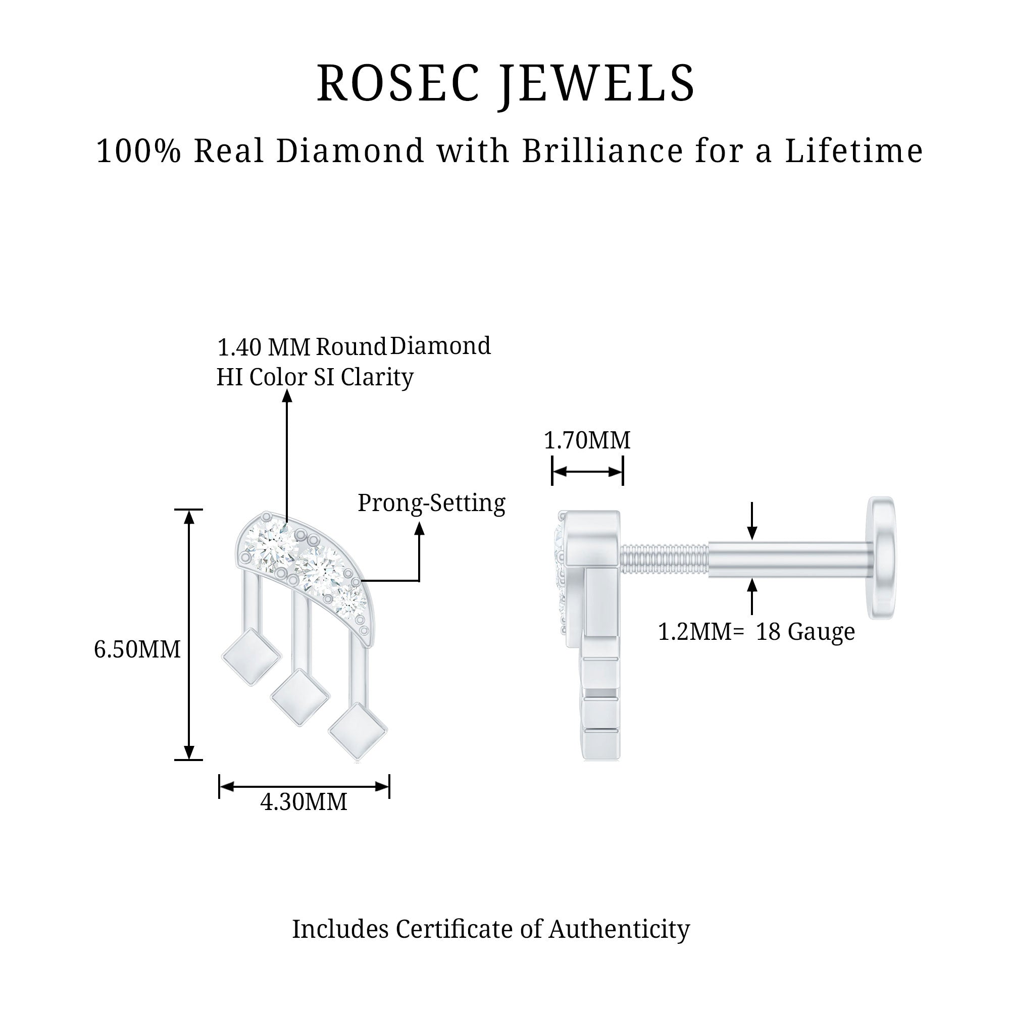 Real Diamond Music Note Earring for Cartilage Piercing