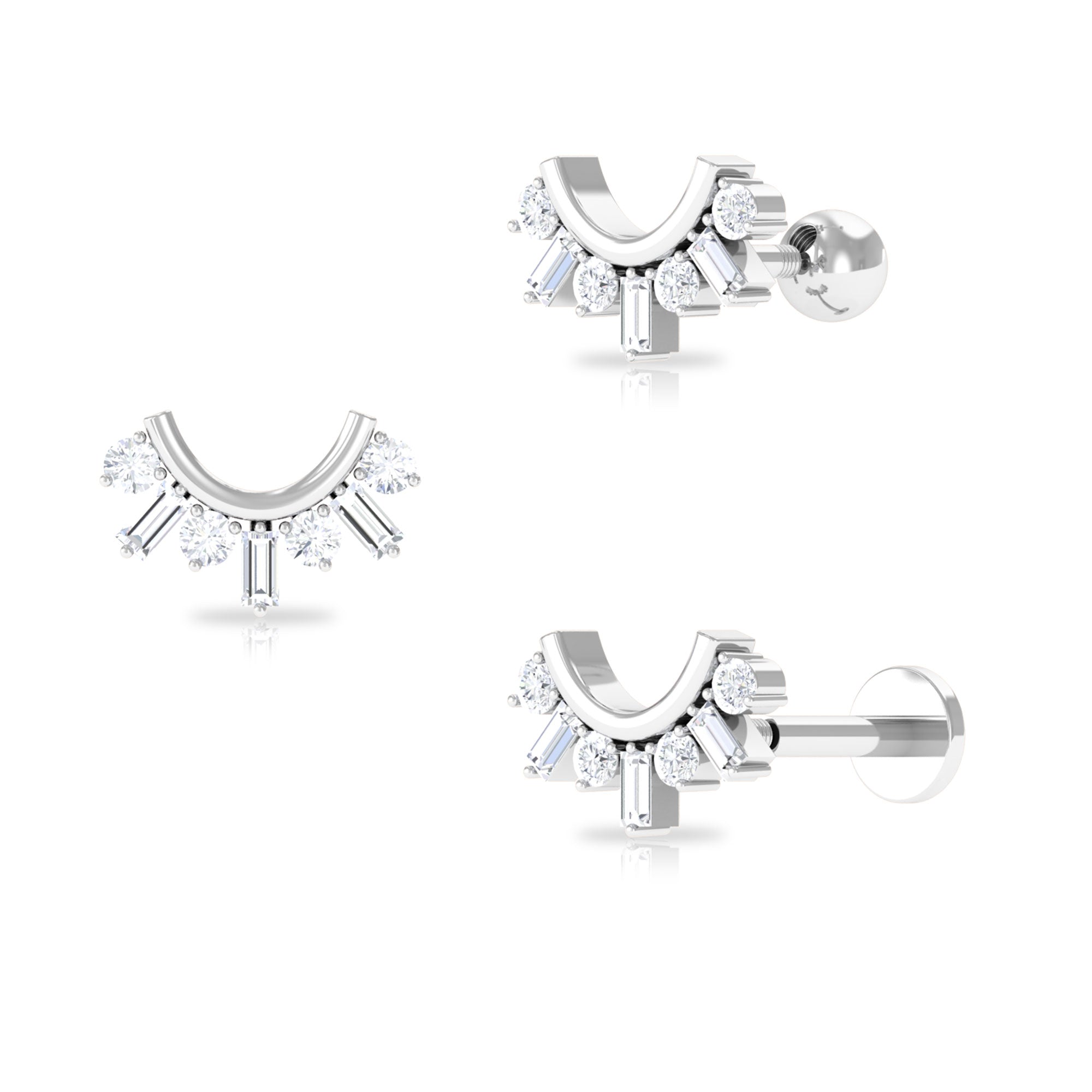 Baguette and Round Moissanite Curved Helix Earring