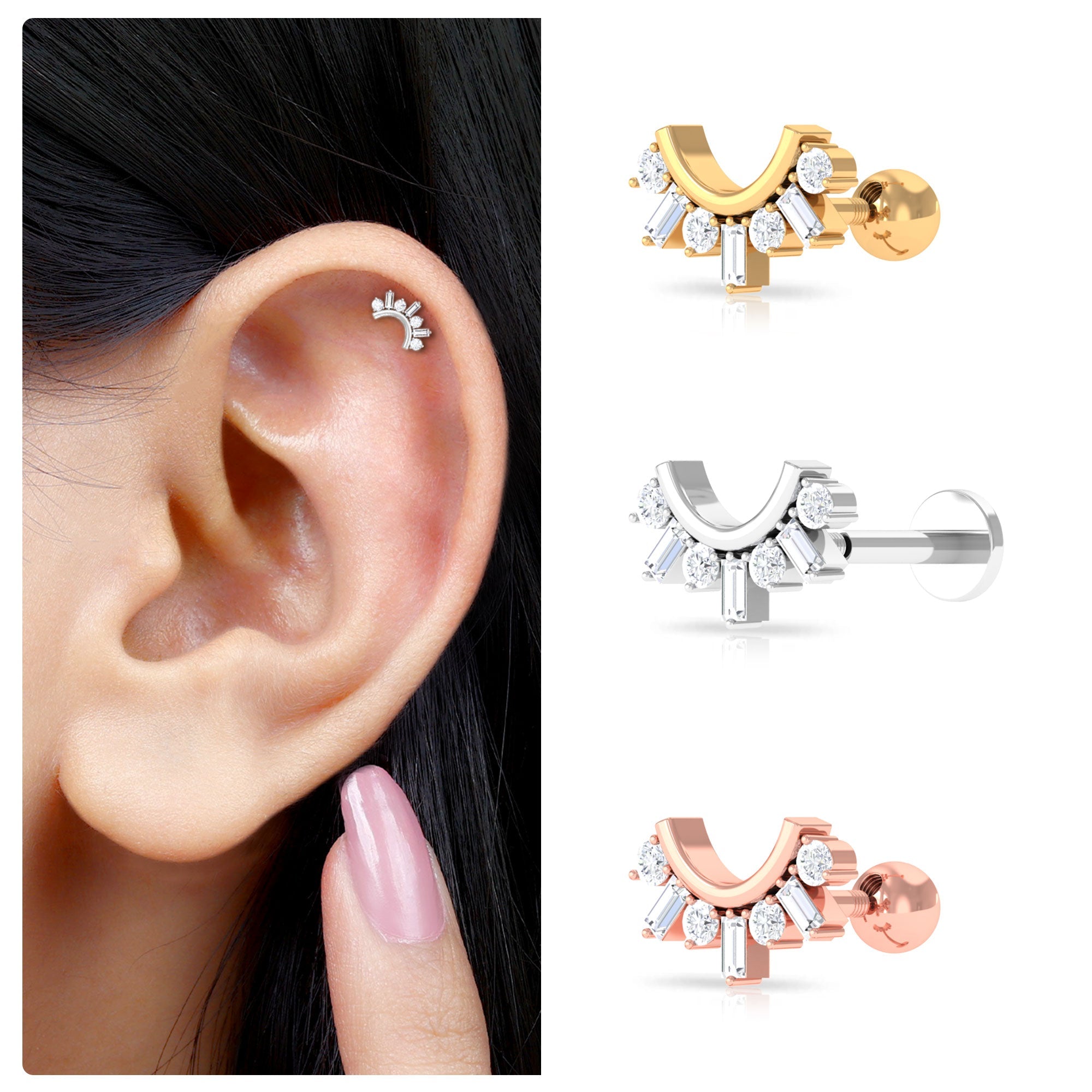 Baguette and Round Moissanite Curved Helix Earring