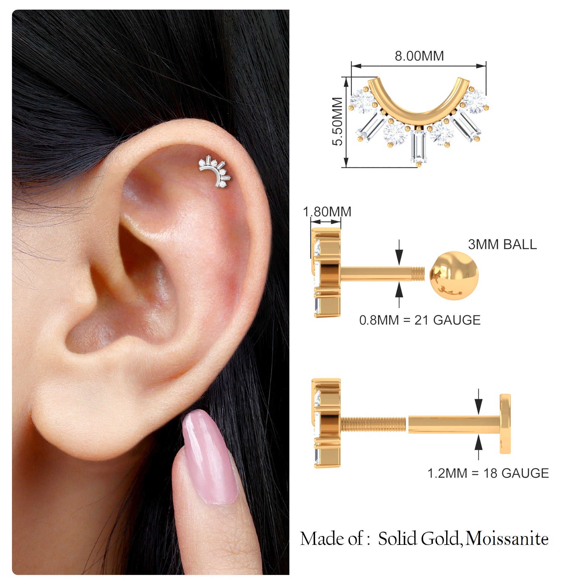 Baguette and Round Moissanite Curved Helix Earring