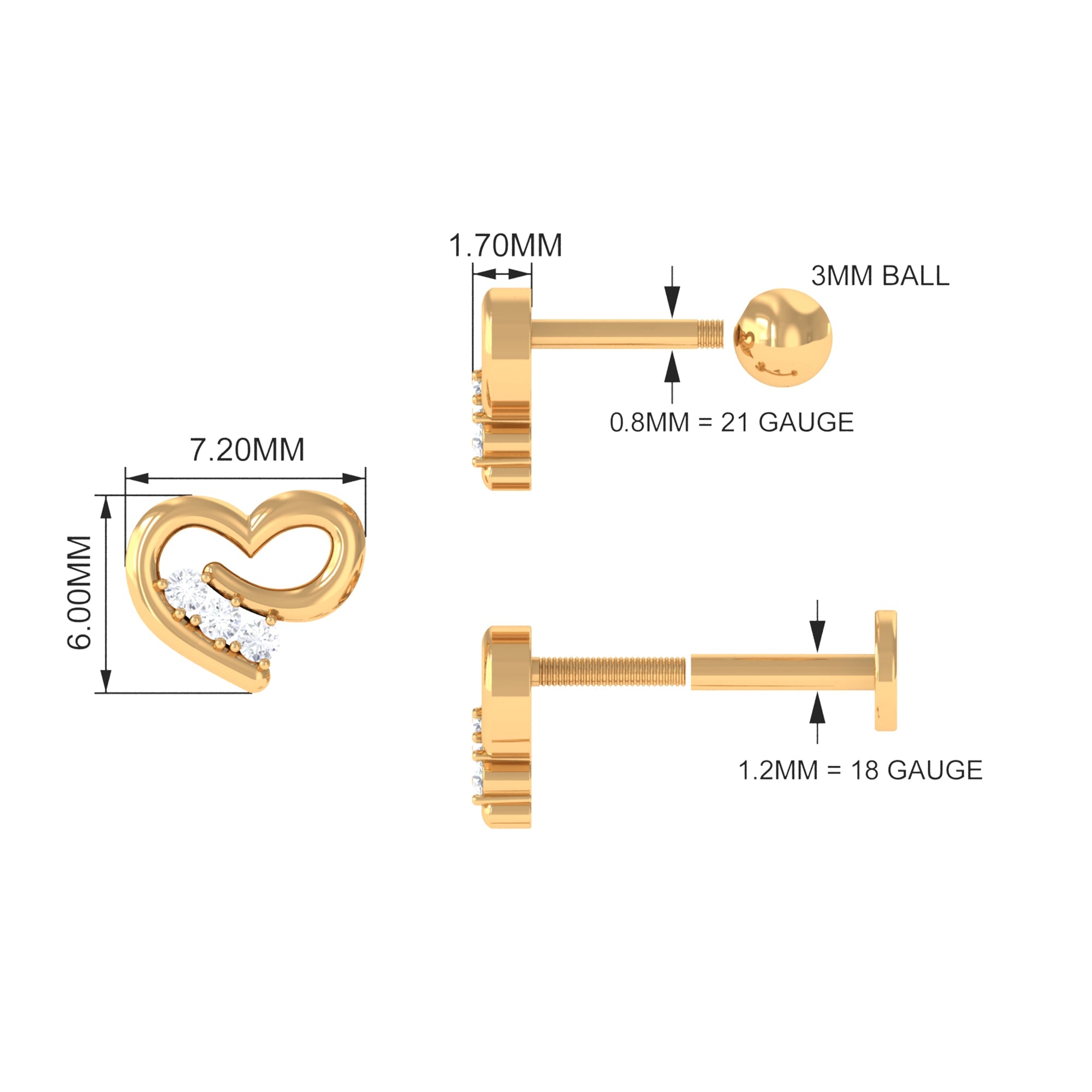 Real Diamond Cute Heart Earring for Helix Piercing