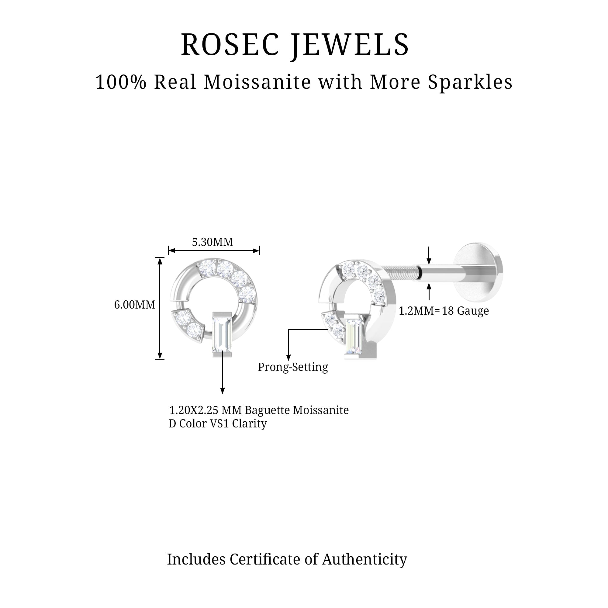 Baguette and Round Moissanite Open Circle Cartilage Earring