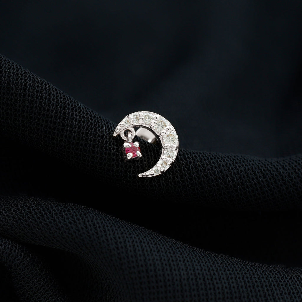 Natural Ruby and Lab Diamond Crescent Moon Helix Earring