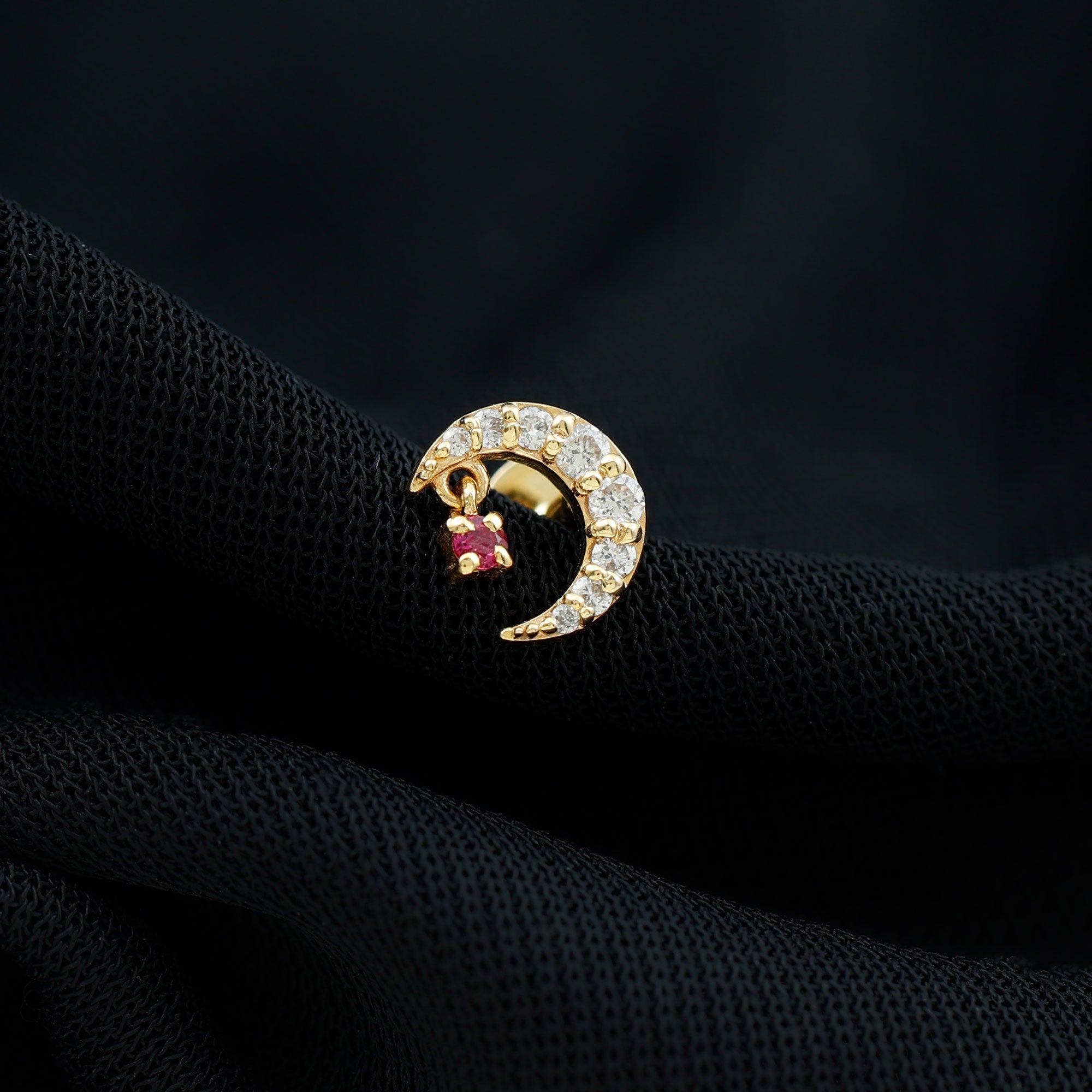 Natural Ruby and Lab Diamond Crescent Moon Helix Earring