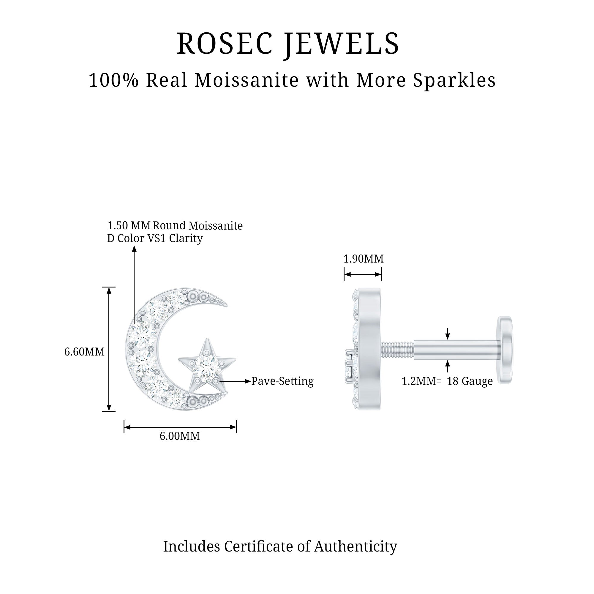 Moissanite Moon and Star Cartilage Earring