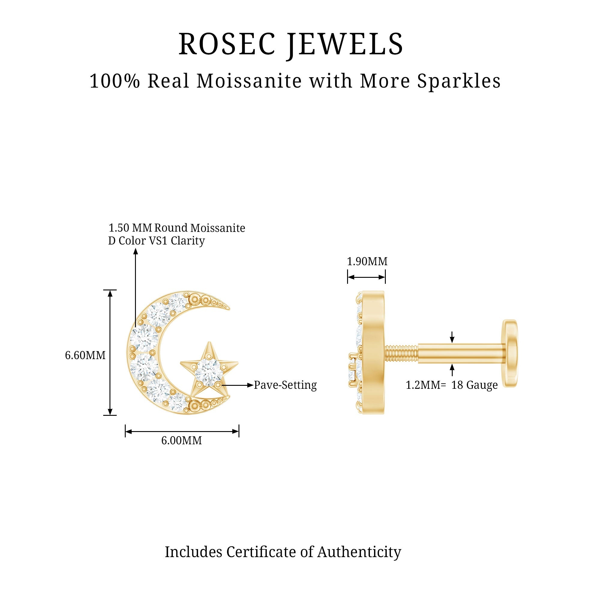 Moissanite Moon and Star Cartilage Earring