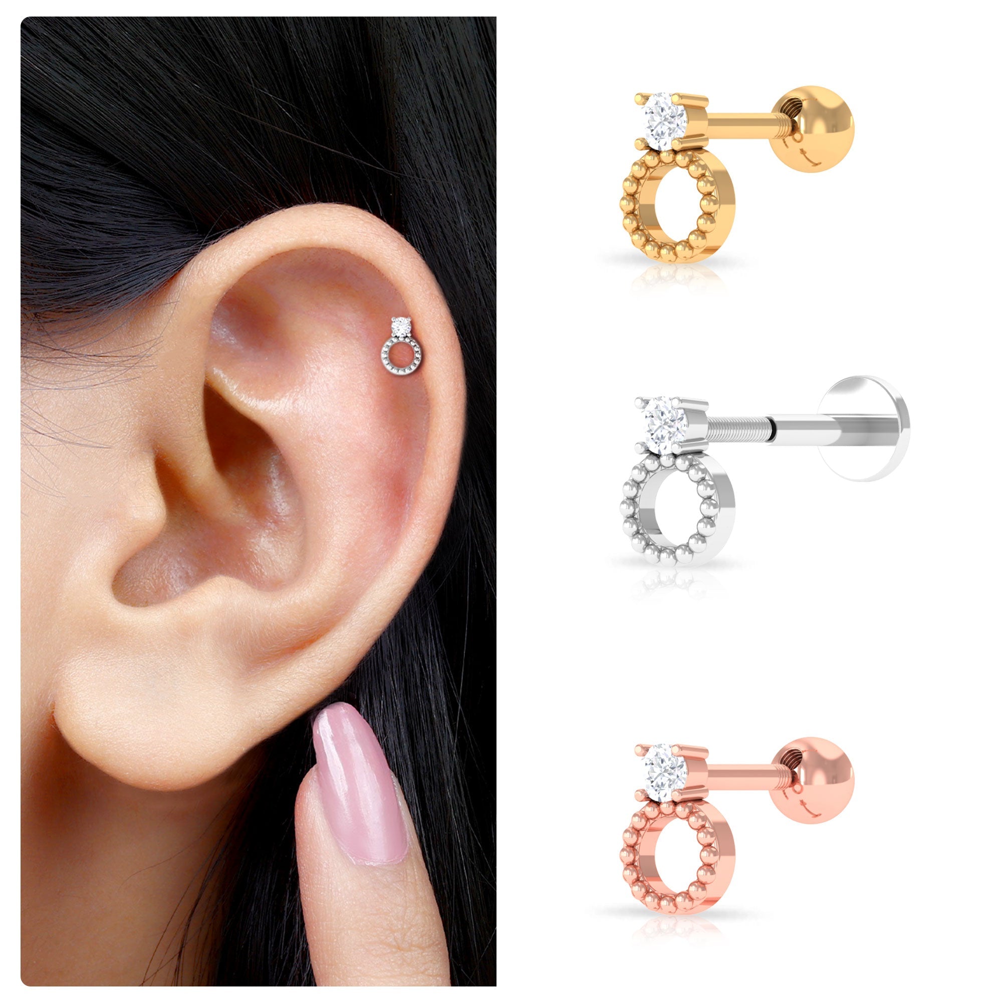 Round Diamond Beaded Circle Tragus Earring