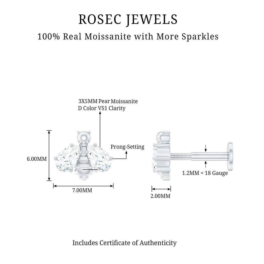 Pear Cut Moissanite Bee Earring for Cartilage Piercing