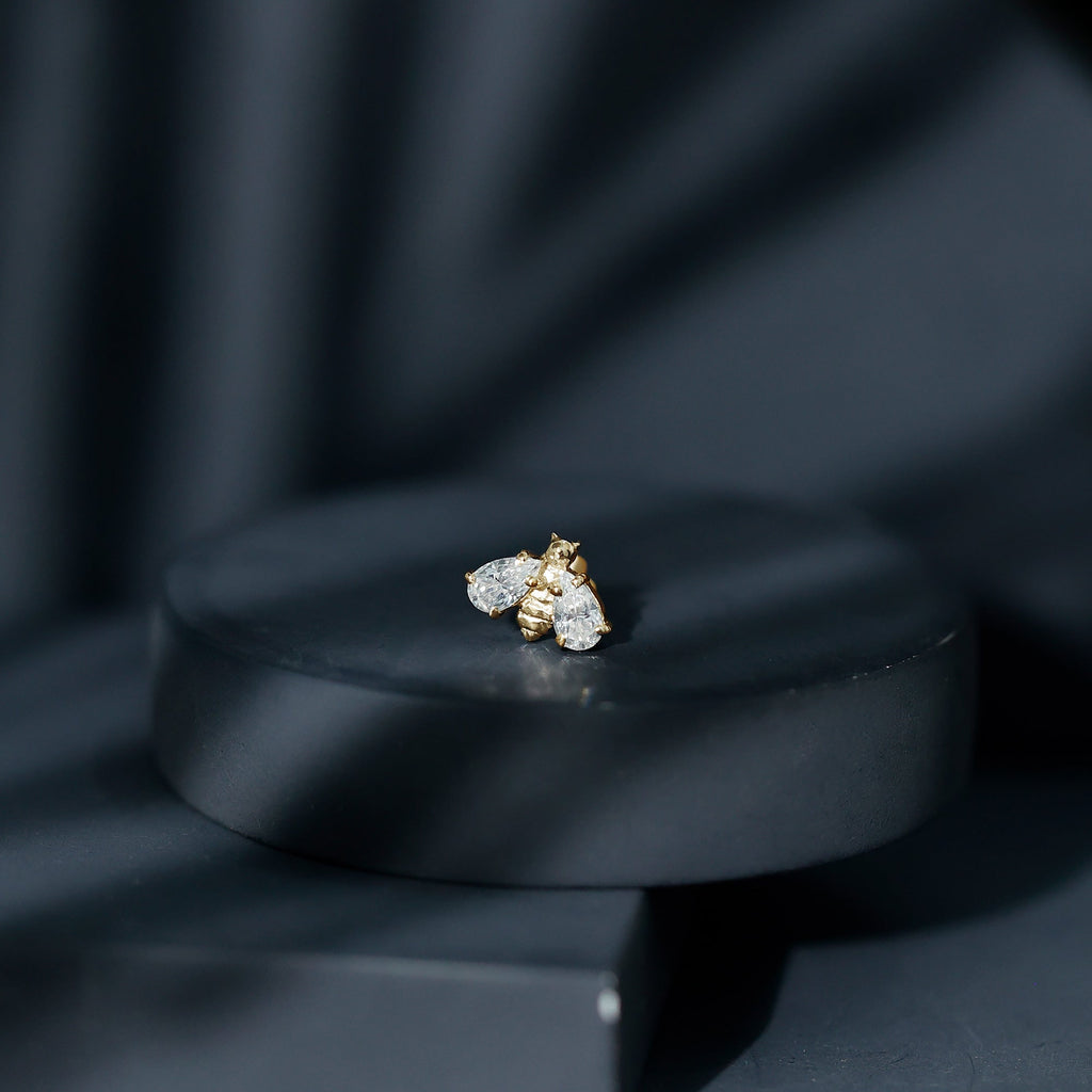 Pear Cut Moissanite Bee Earring for Cartilage Piercing