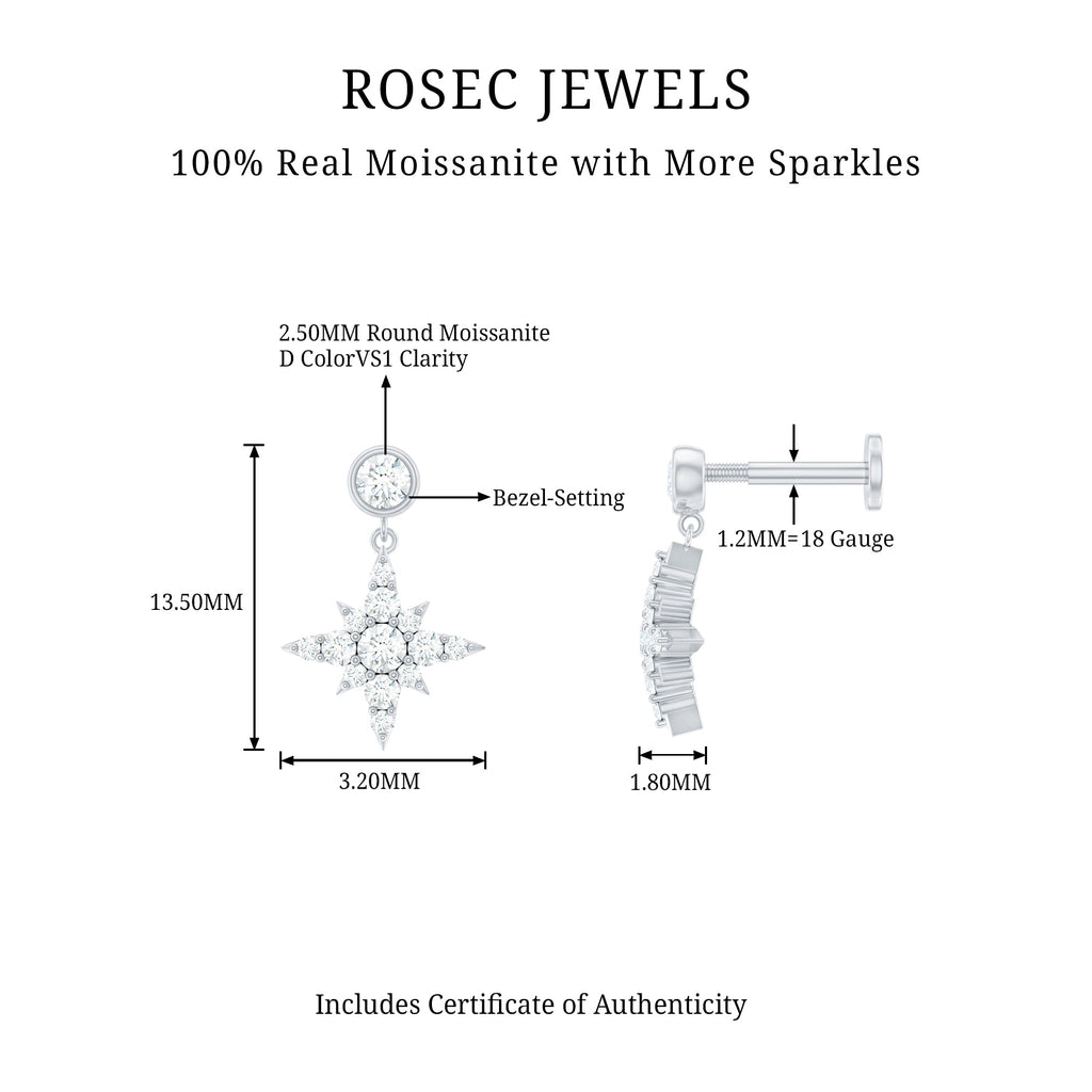 Moissanite Starburst Drop Earring for Cartilage Piercing