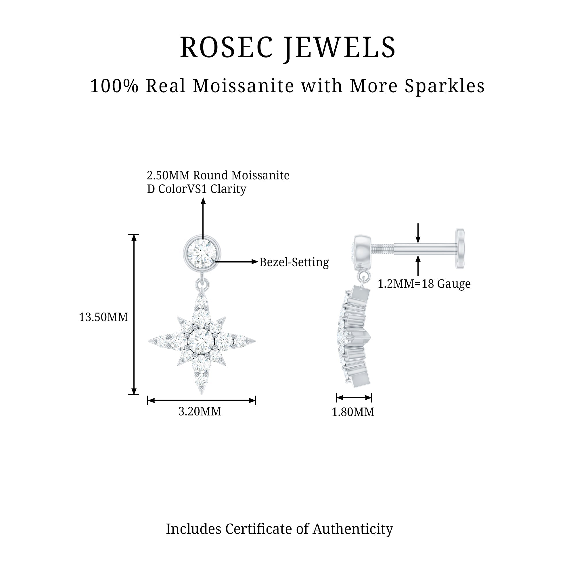 Moissanite Starburst Drop Earring for Cartilage Piercing