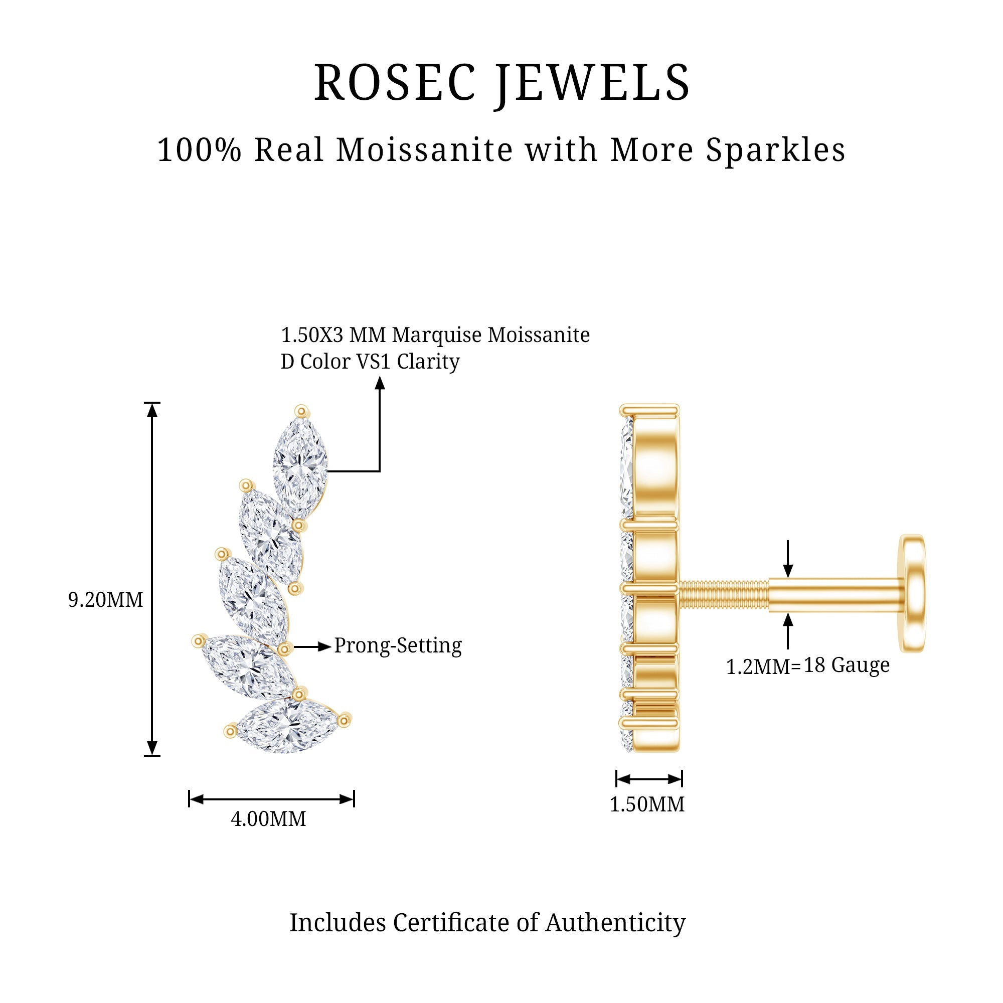 Marquise Moissanite Curved Helix Ear Crawler Earring