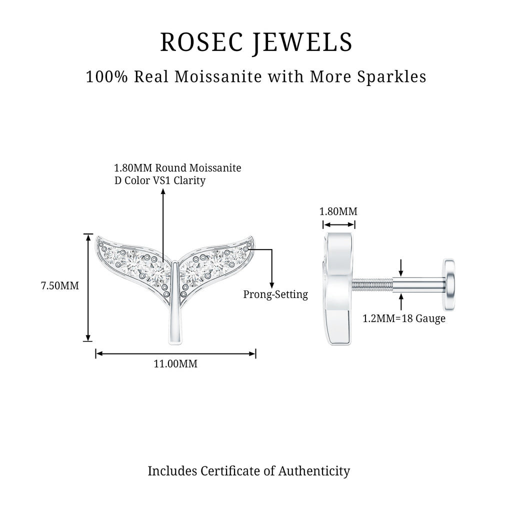 Moissanite Whale Tail Earring for Cartilage Piercing