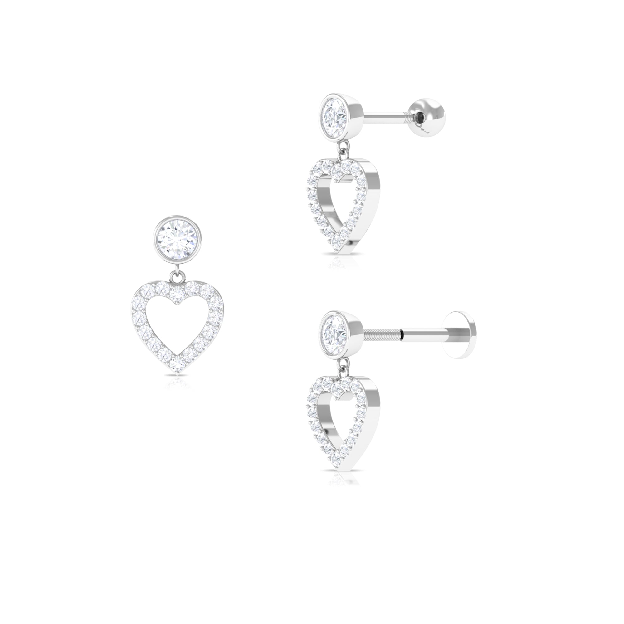 Minimal Moissanite Heart Dangle Earring for Helix Piercing