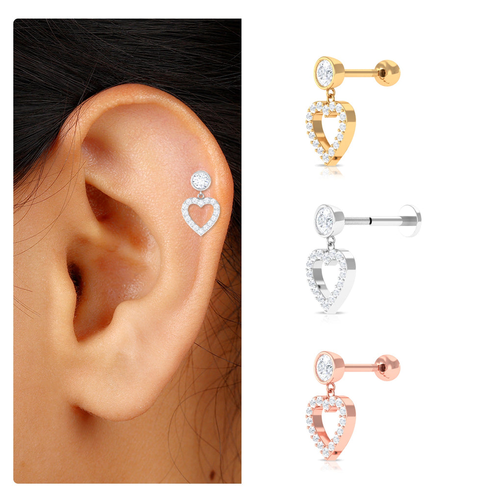 Minimal Moissanite Heart Dangle Earring for Helix Piercing