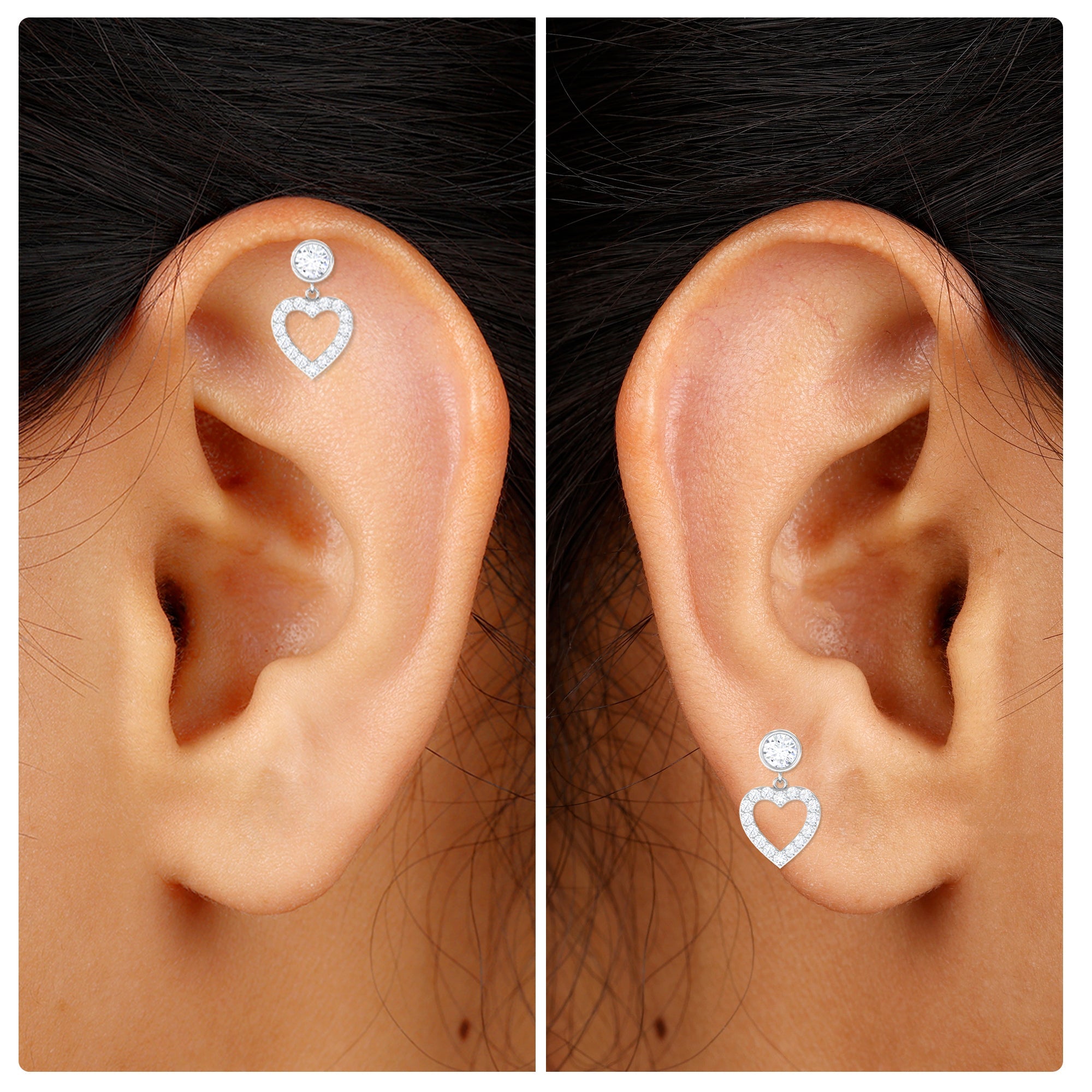 Minimal Moissanite Heart Dangle Earring for Helix Piercing