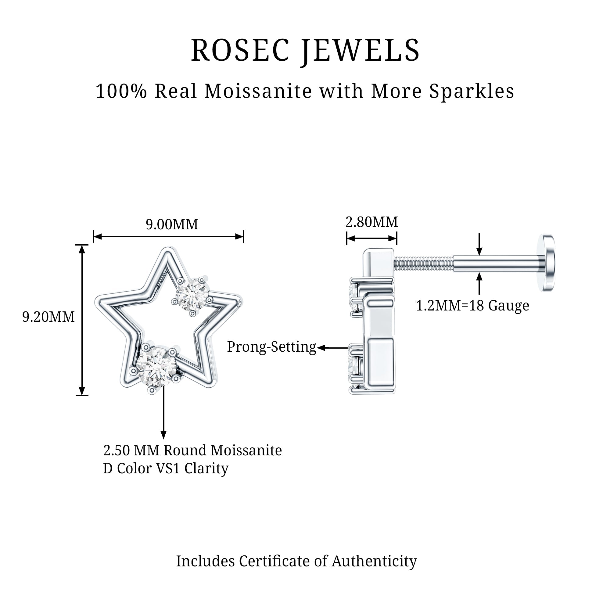 Certified Moissanite Star Shaped Earring for Upper Lobe Piercing