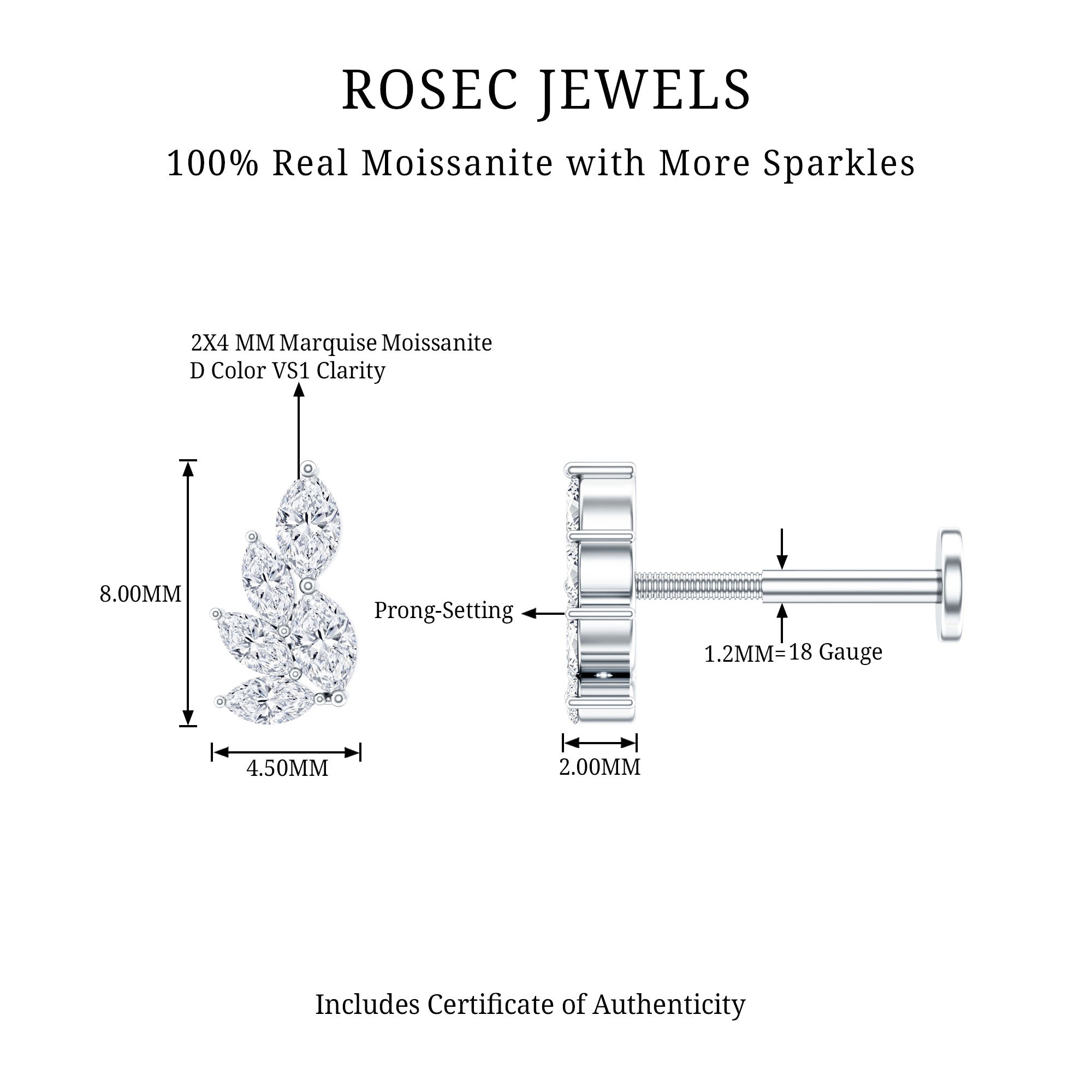 Marquise Moissanite Cluster Earring for Helix Piercing