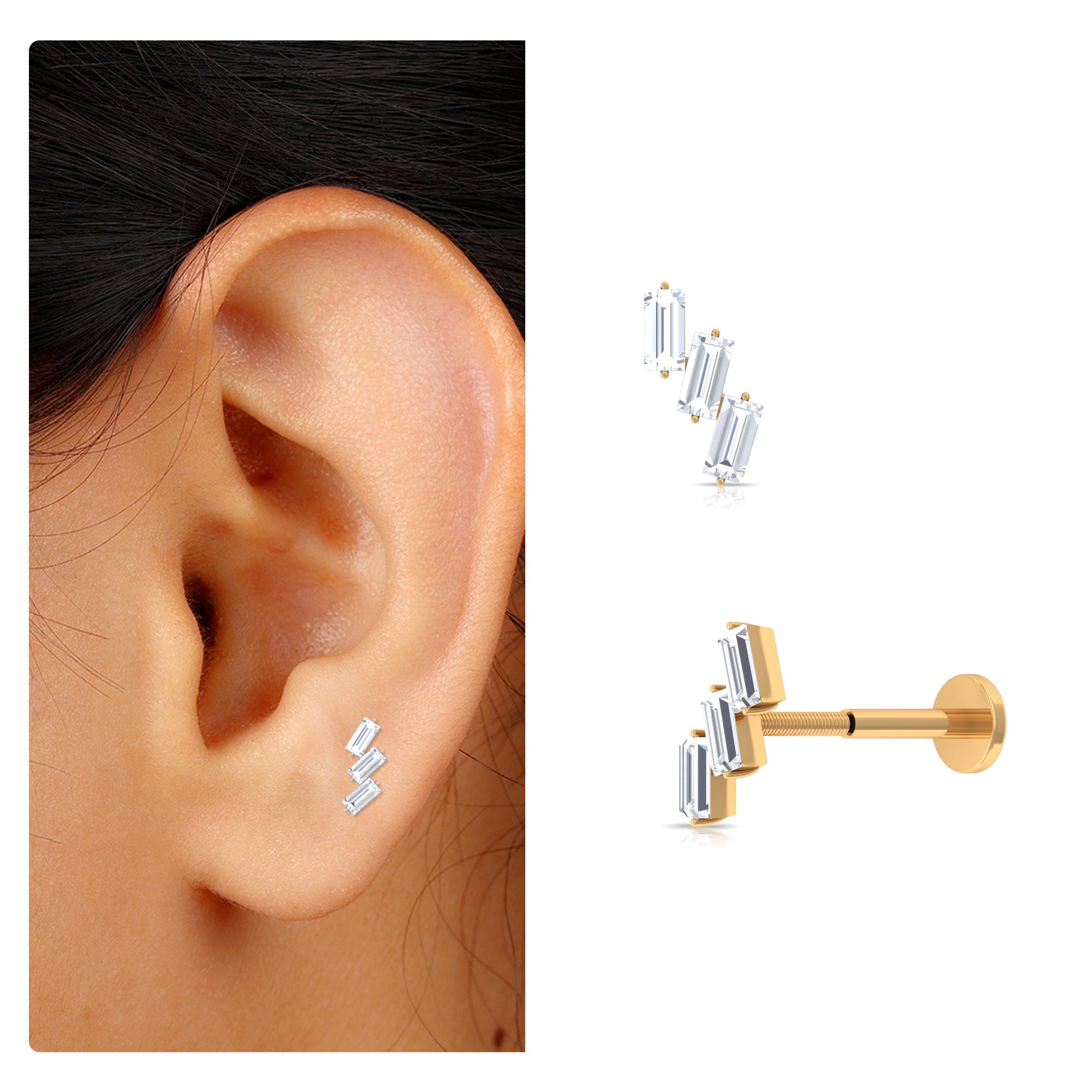 Baguette Cut Moissanite 3 Stone Earring for Helix Piercing
