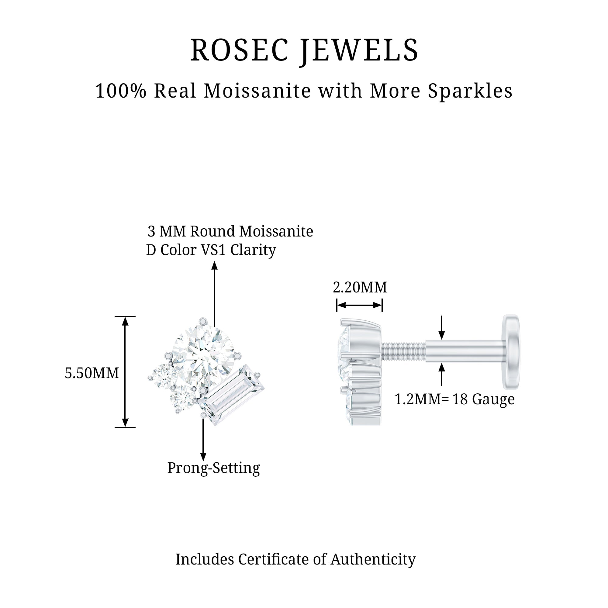 Baguette and Round Moissanite Cluster Tragus Earring