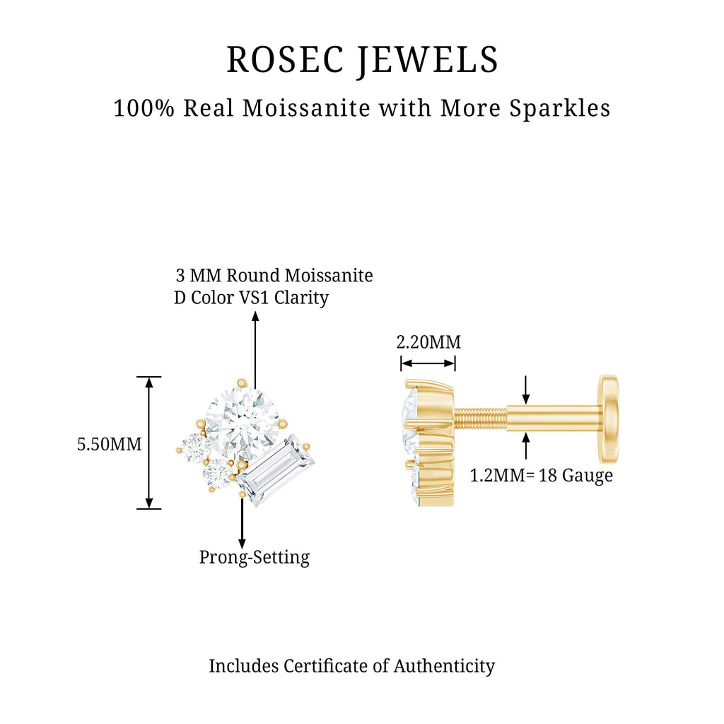 Baguette and Round Moissanite Cluster Tragus Earring