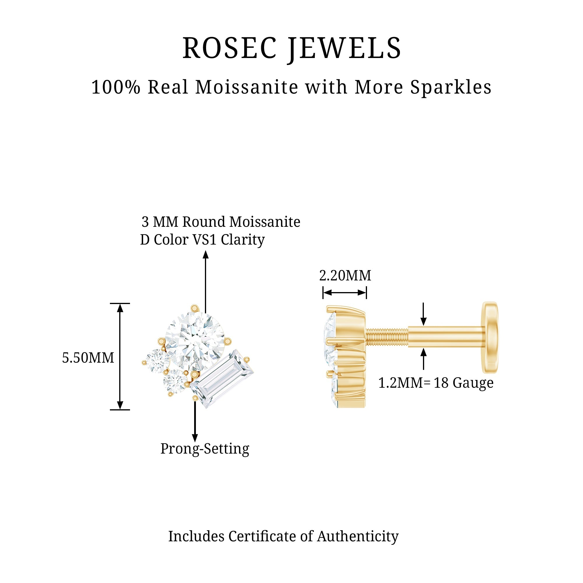 Baguette and Round Moissanite Cluster Tragus Earring