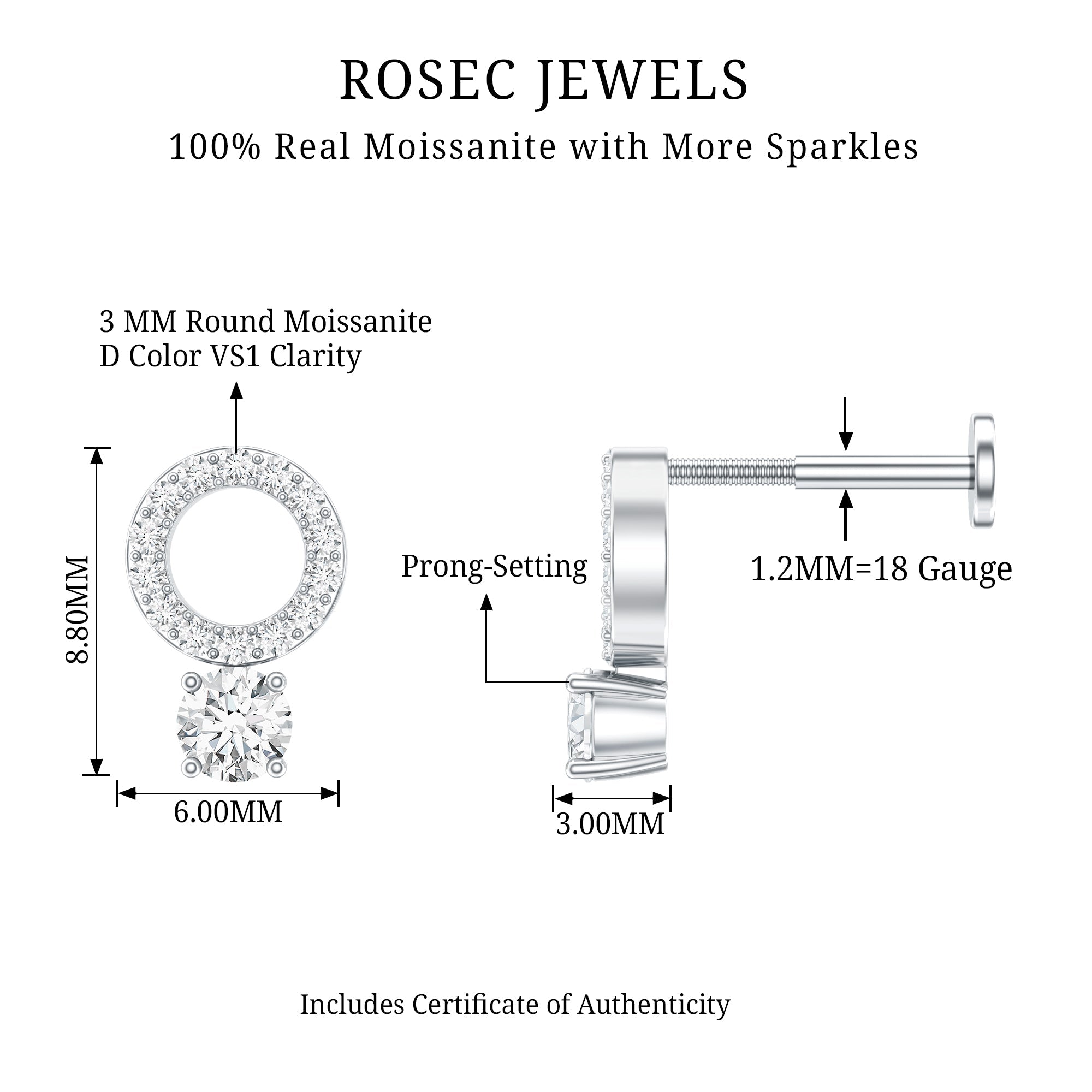 Certified Moissanite Open Circle Cartilage Earring for Women