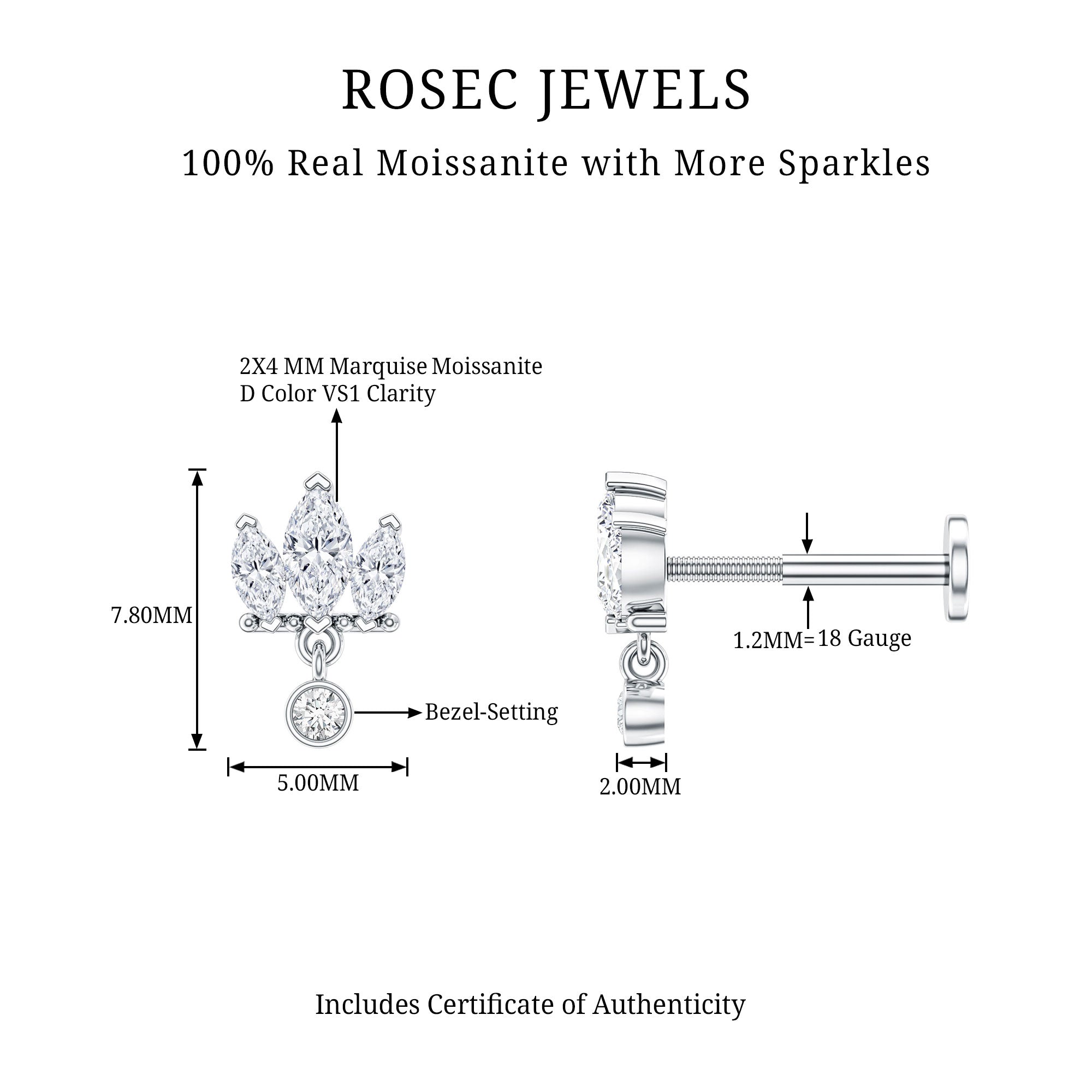 Marquise Moissanite Stud Drop Earring for Helix Piercing