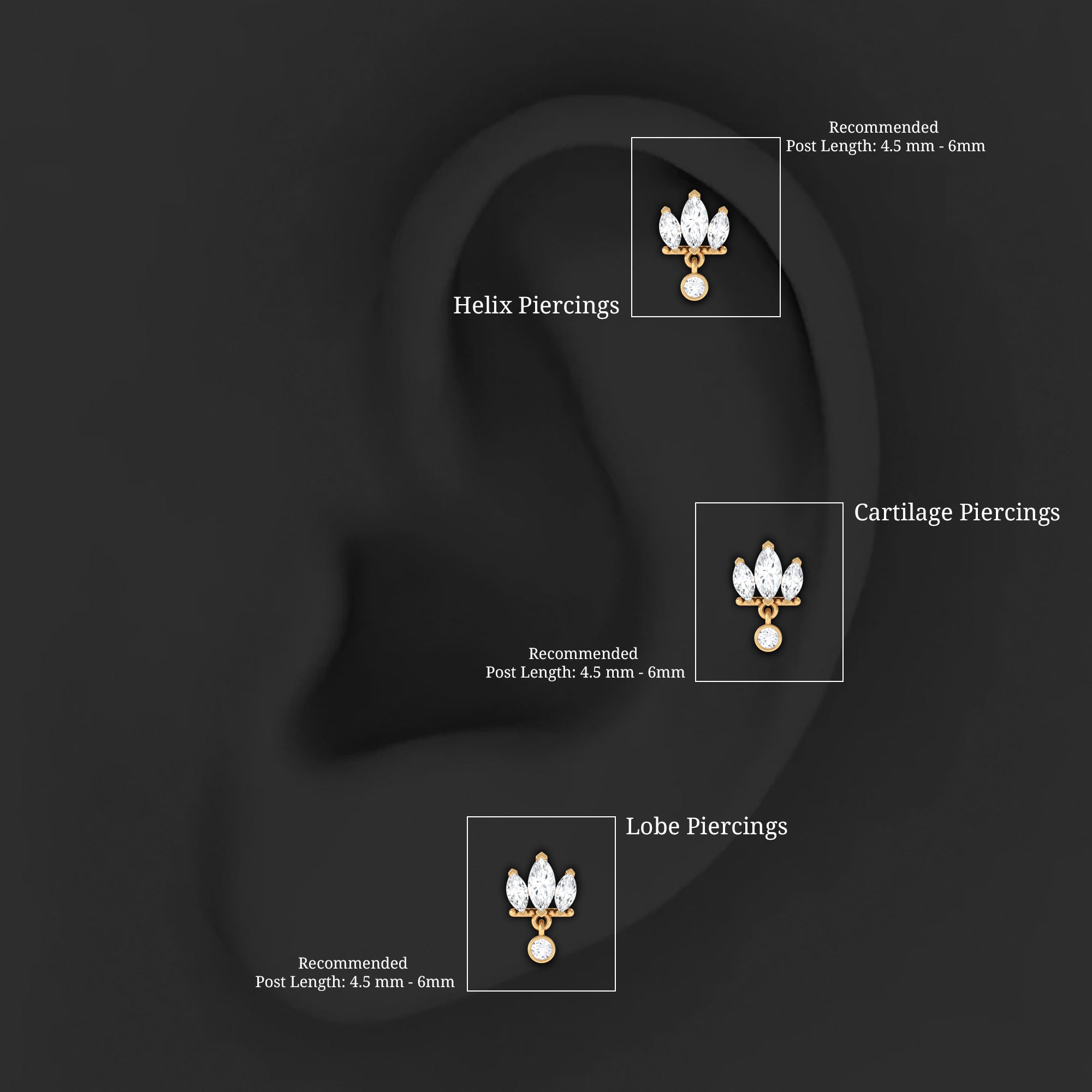 Marquise Moissanite Stud Drop Earring for Helix Piercing