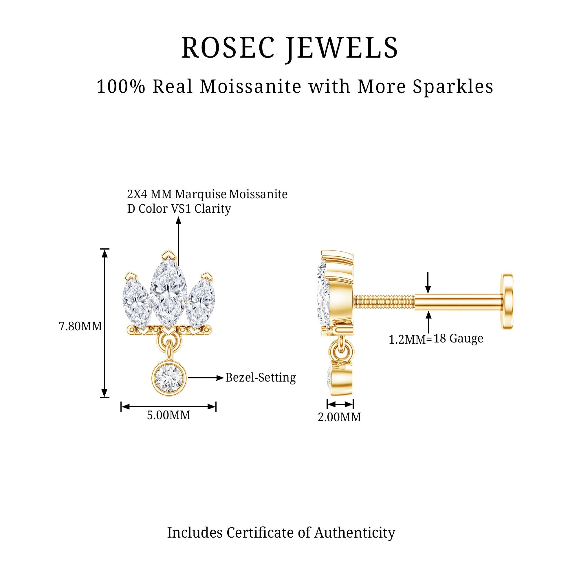 Marquise Moissanite Stud Drop Earring for Helix Piercing
