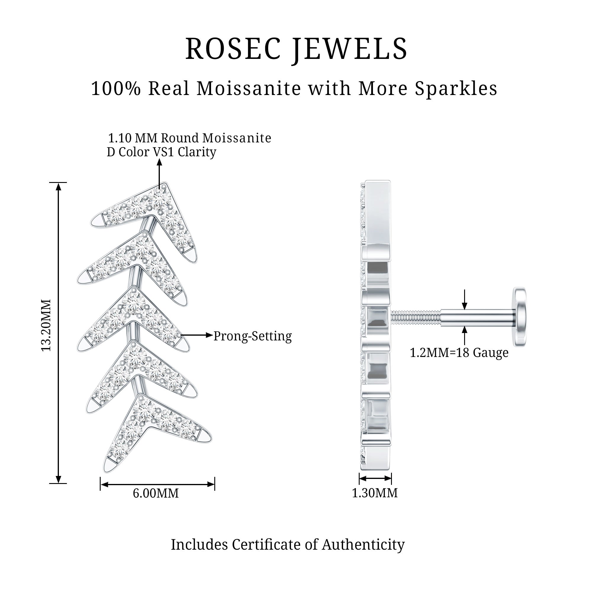 Certified Moissanite Leaf Crawler Earring for Helix Piercing