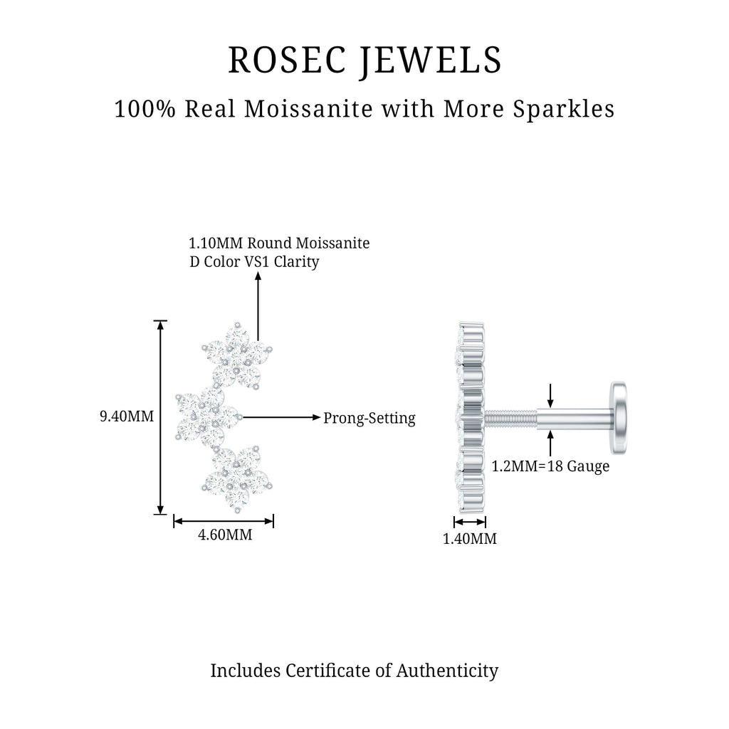 Certified Moissanite Three Flower Stud Earring for Helix Piercing