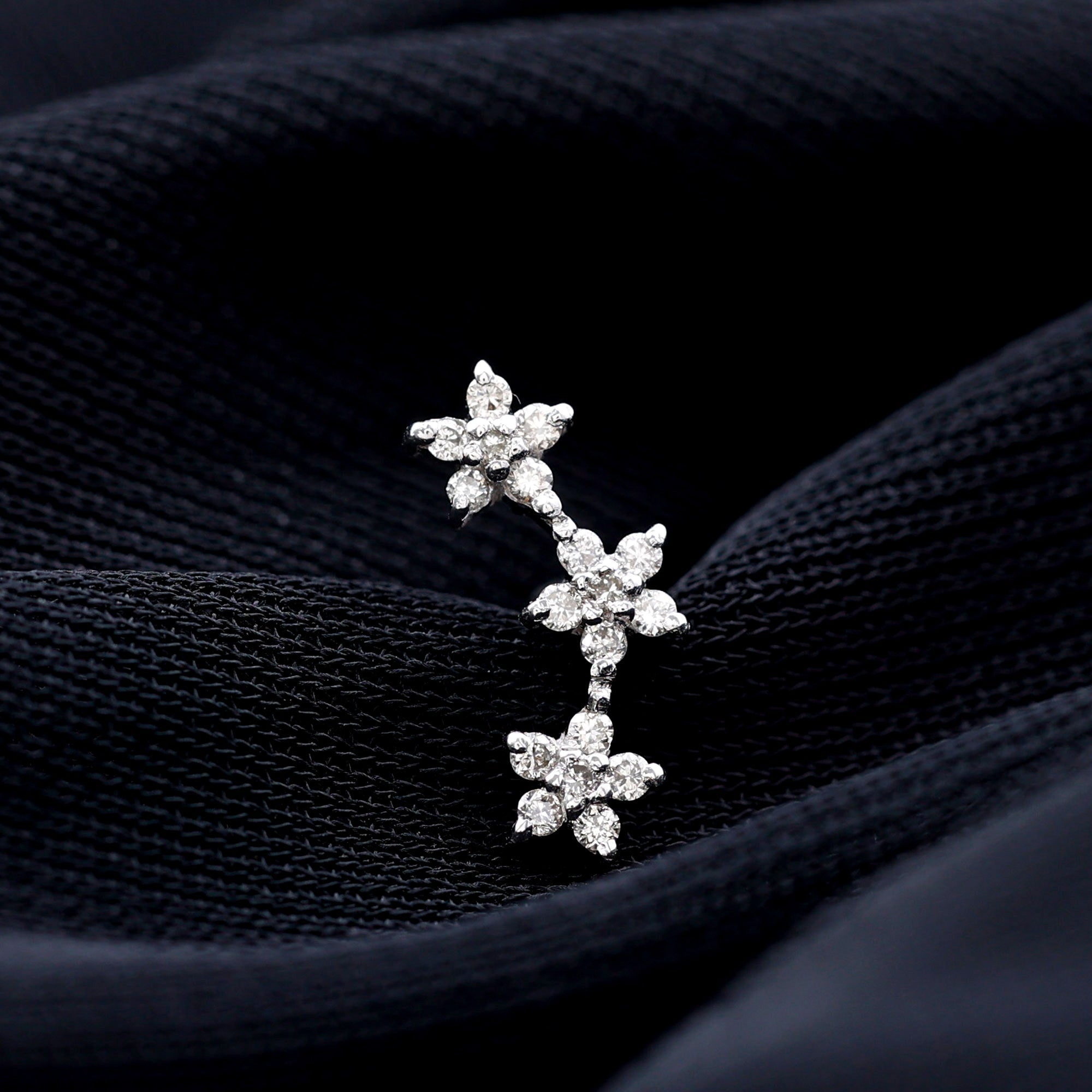 Certified Moissanite Three Flower Stud Earring for Helix Piercing
