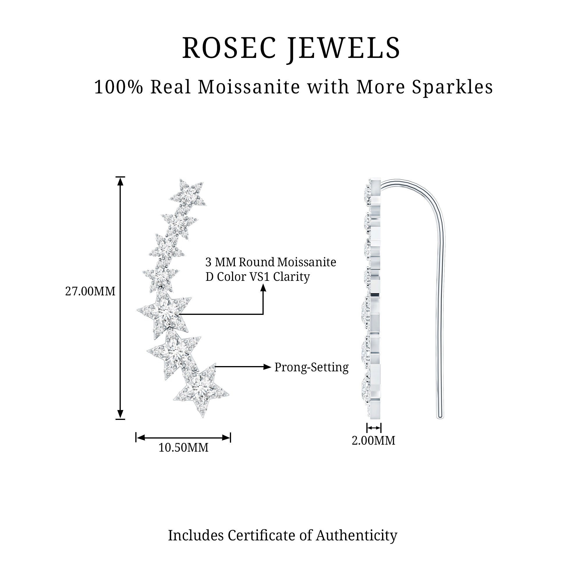 Moissanite Star Climber Earring for Cartilage Piercing