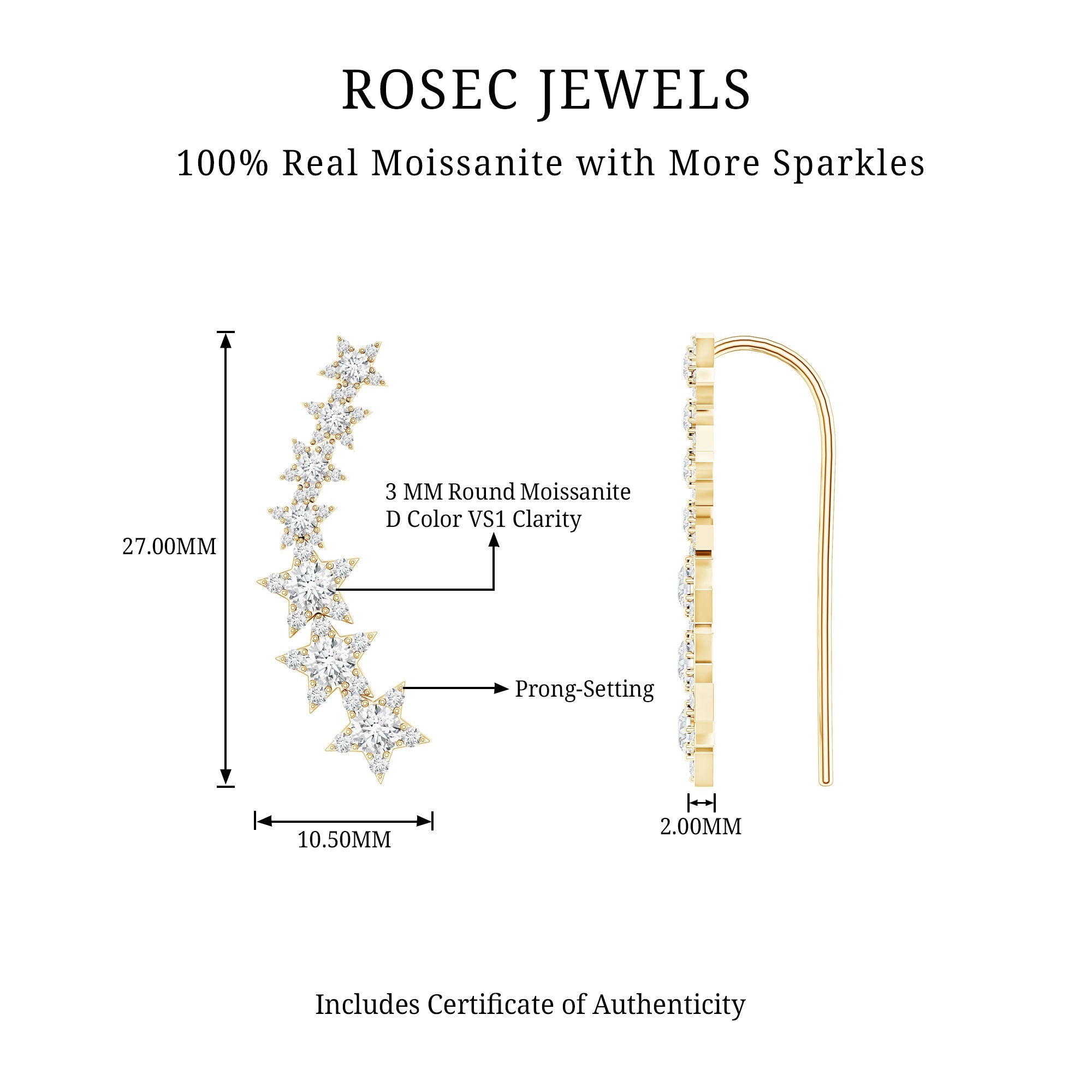Moissanite Star Climber Earring for Cartilage Piercing