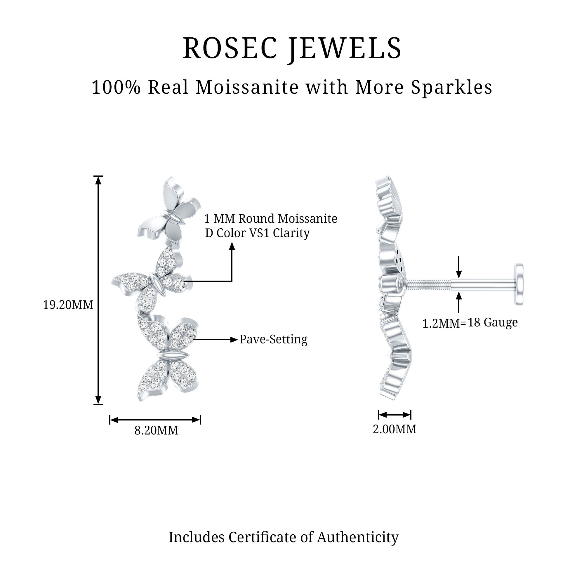 Moissanite Butterfly Climber Earring for Helix Piercing