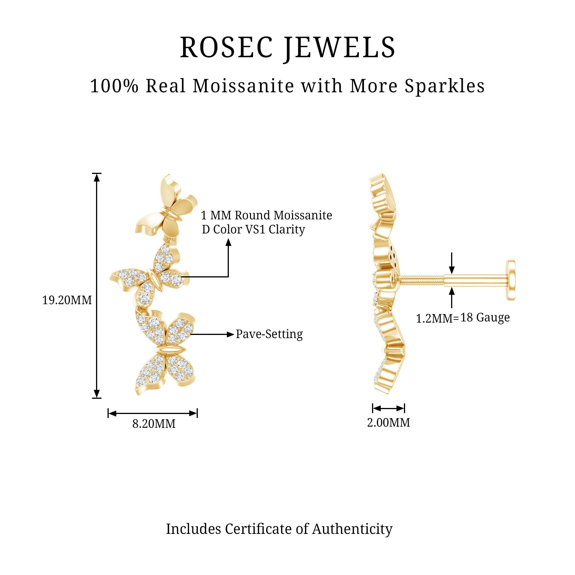 Moissanite Butterfly Climber Earring for Helix Piercing