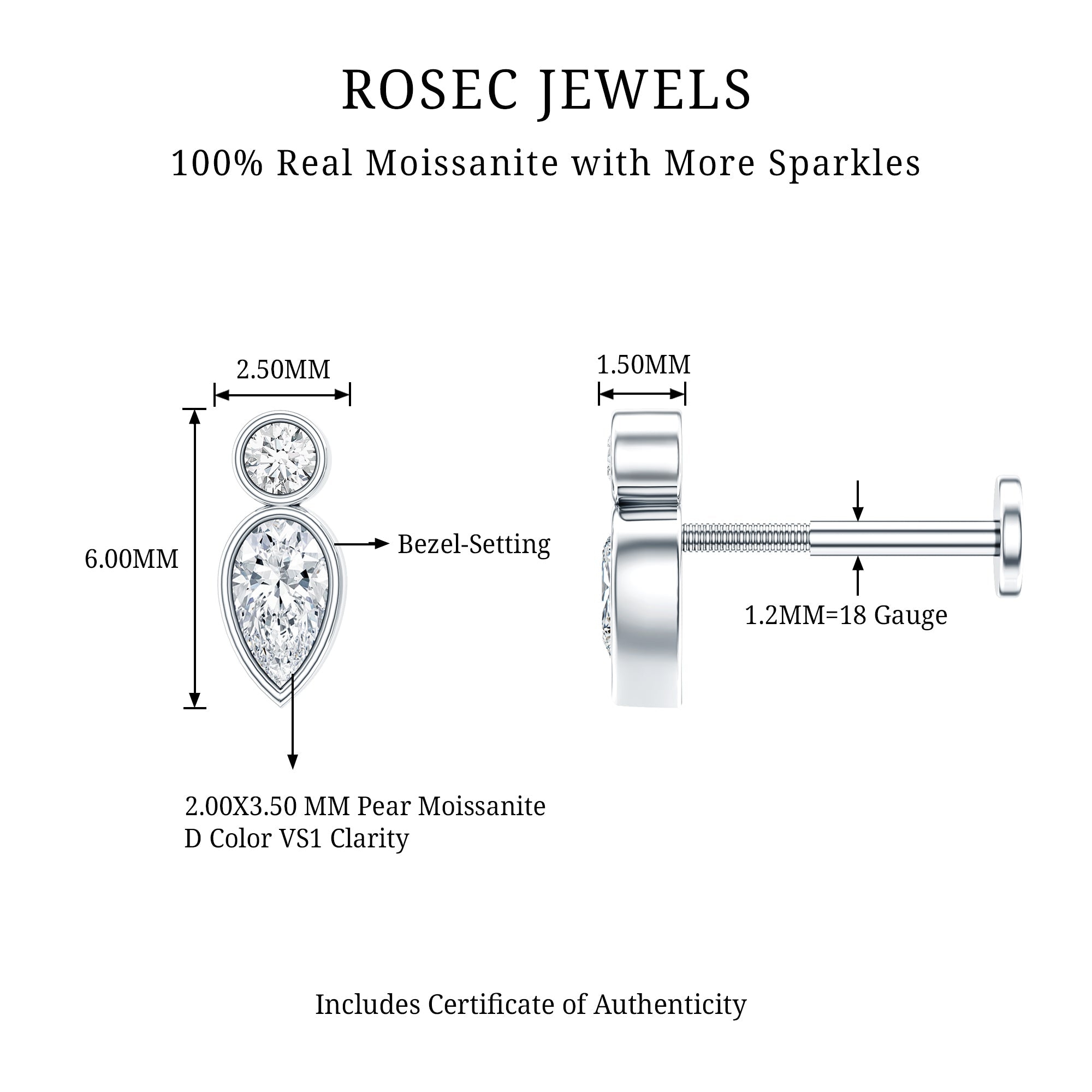 Dainty Pear and Round Cut Moissanite Tragus Earring