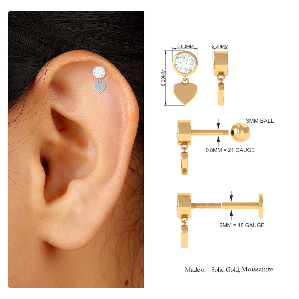 Round Moissanite Heart Drop Earring for Helix Piercing